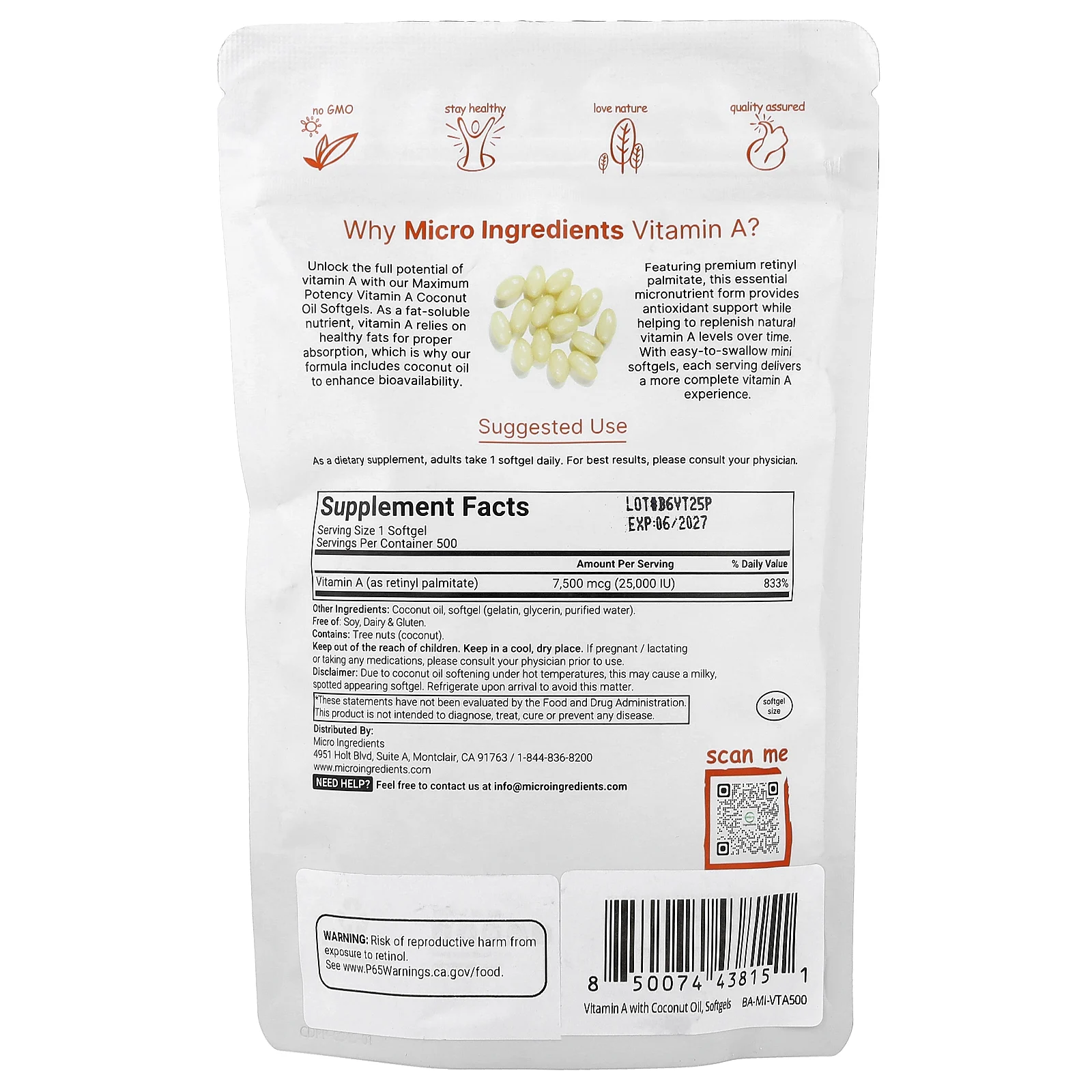 Micro Ingredients, витамин A, 7500 мкг (25 000 МЕ), 500 мягких таблеток