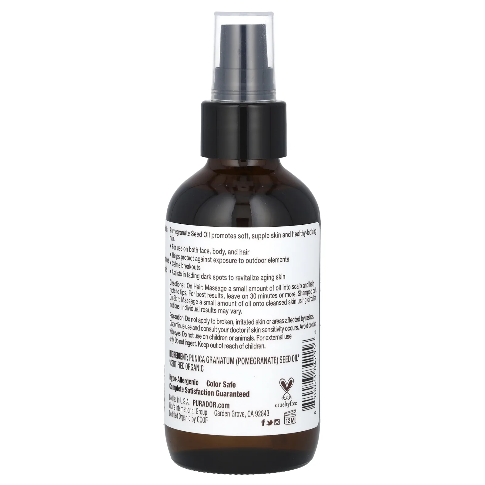 Pura D'or, органическое масло гранатовых косточек, 118 мл (4 жидк. унции)