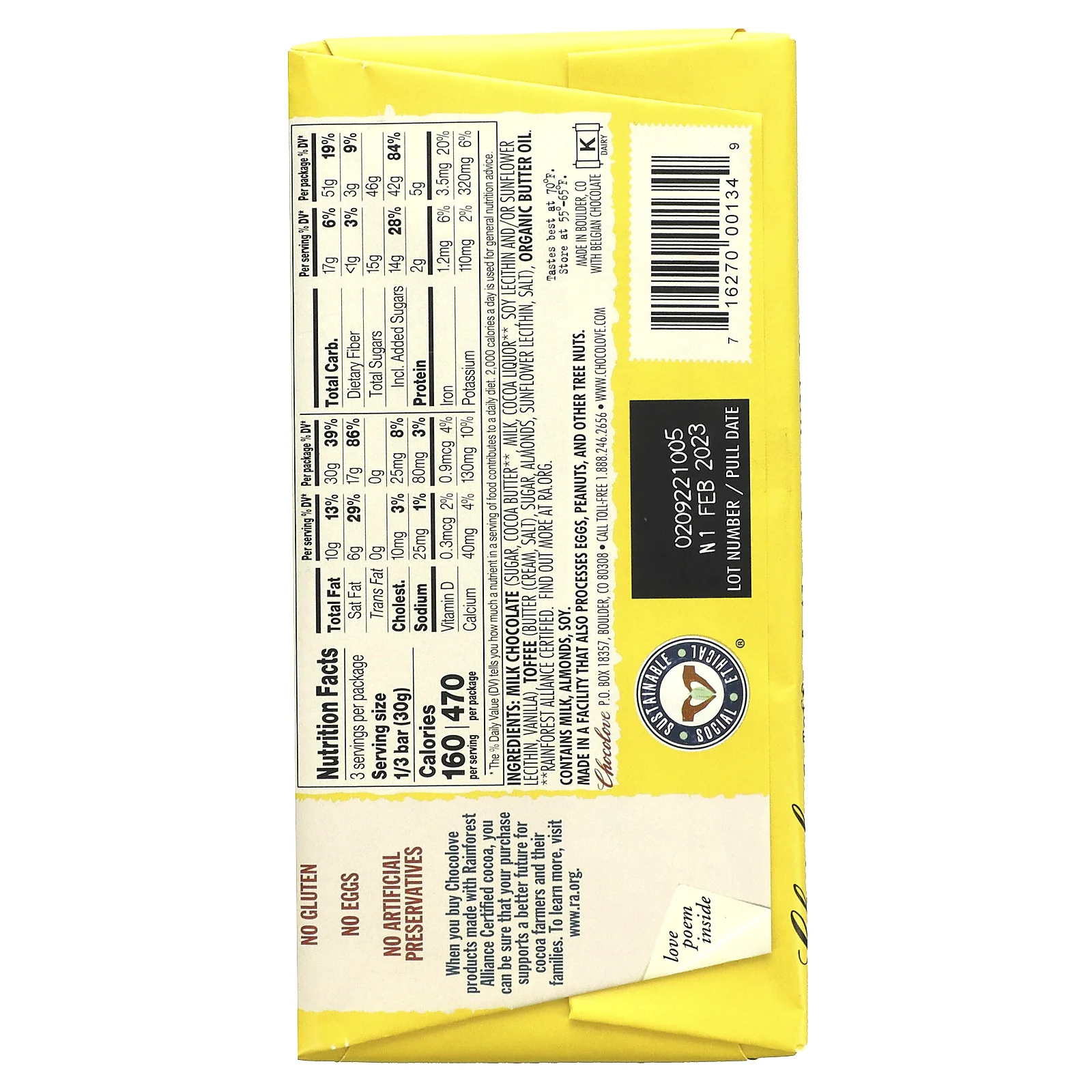 Chocolove, Молочный шоколад с тоффи и миндалем, 33% какао, 90 г (3,2 унции)