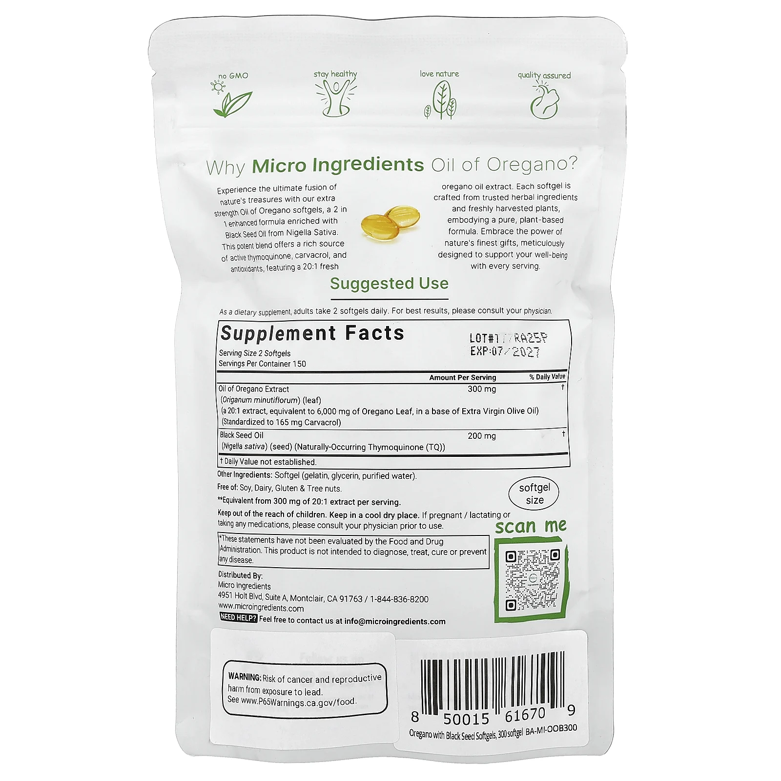 Micro Ingredients, Масло орегано с маслом черного тмина, 300 мягких таблеток