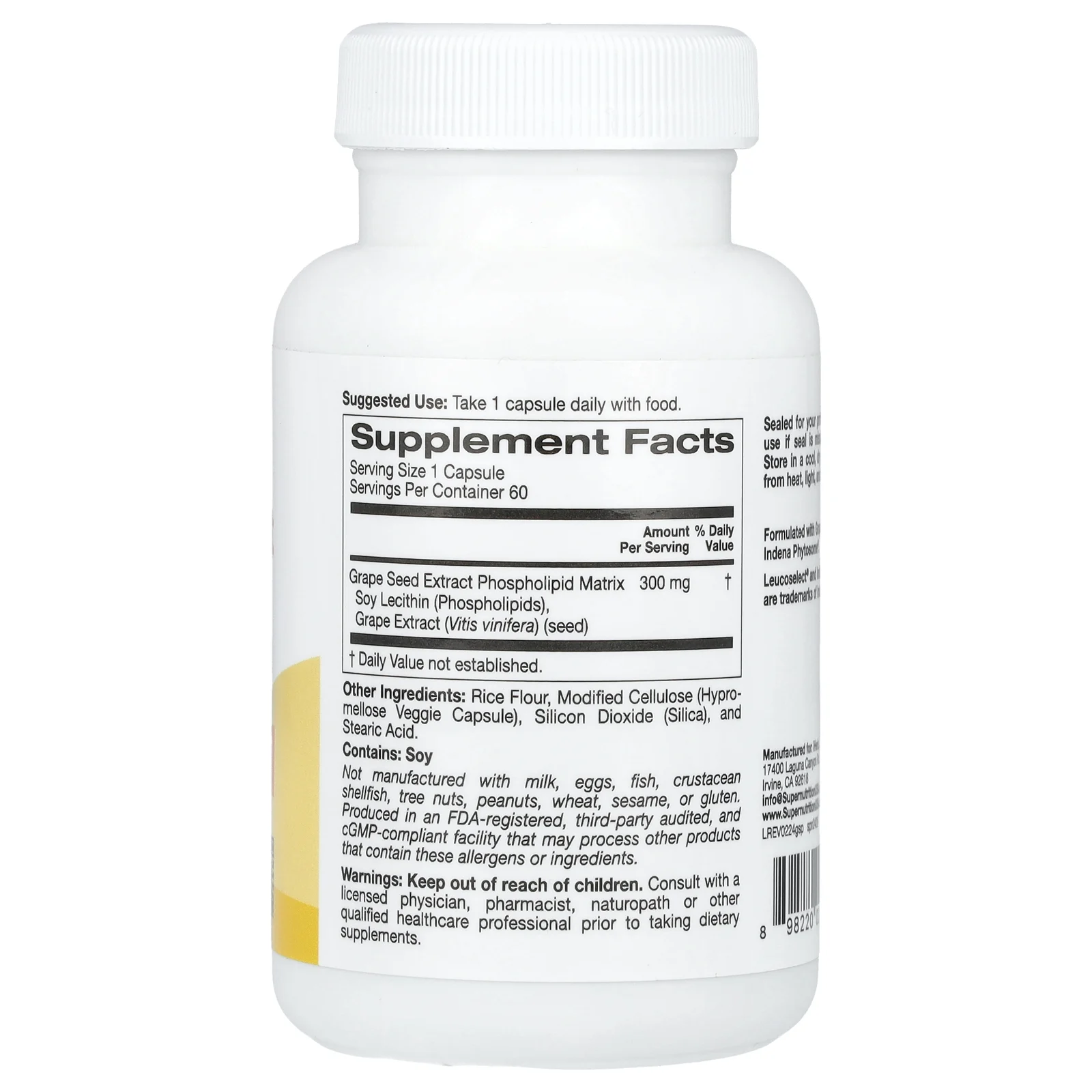 Super Nutrition, Фитосомы из виноградных косточек, 300 мг, 60 растительных капсул