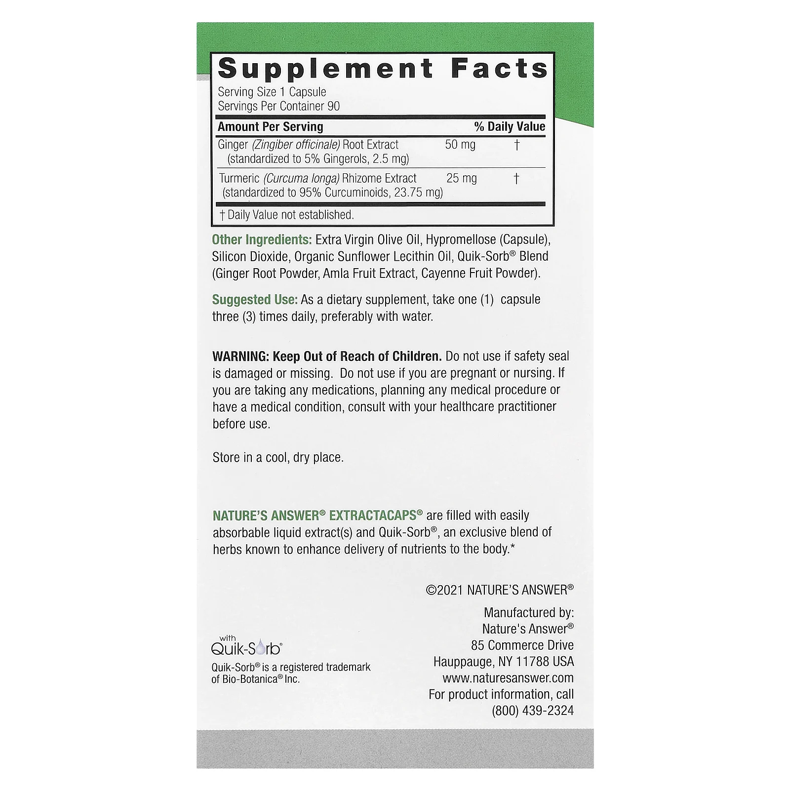 Nature's Answer, Куркума и имбирь, 90 вегетарианских капсул