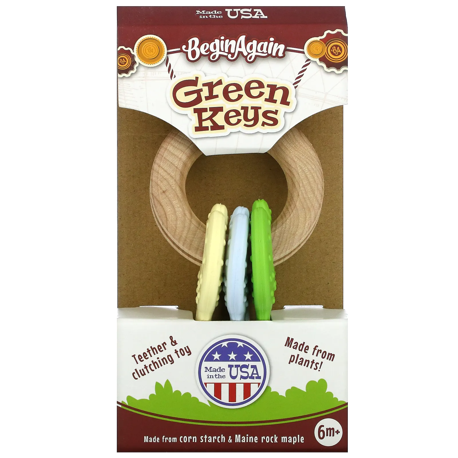 Begin Again Toys, Green Keys, прорезыватель для зубов и игрушка-зажим, для детей от 6 месяцев, 1 штука