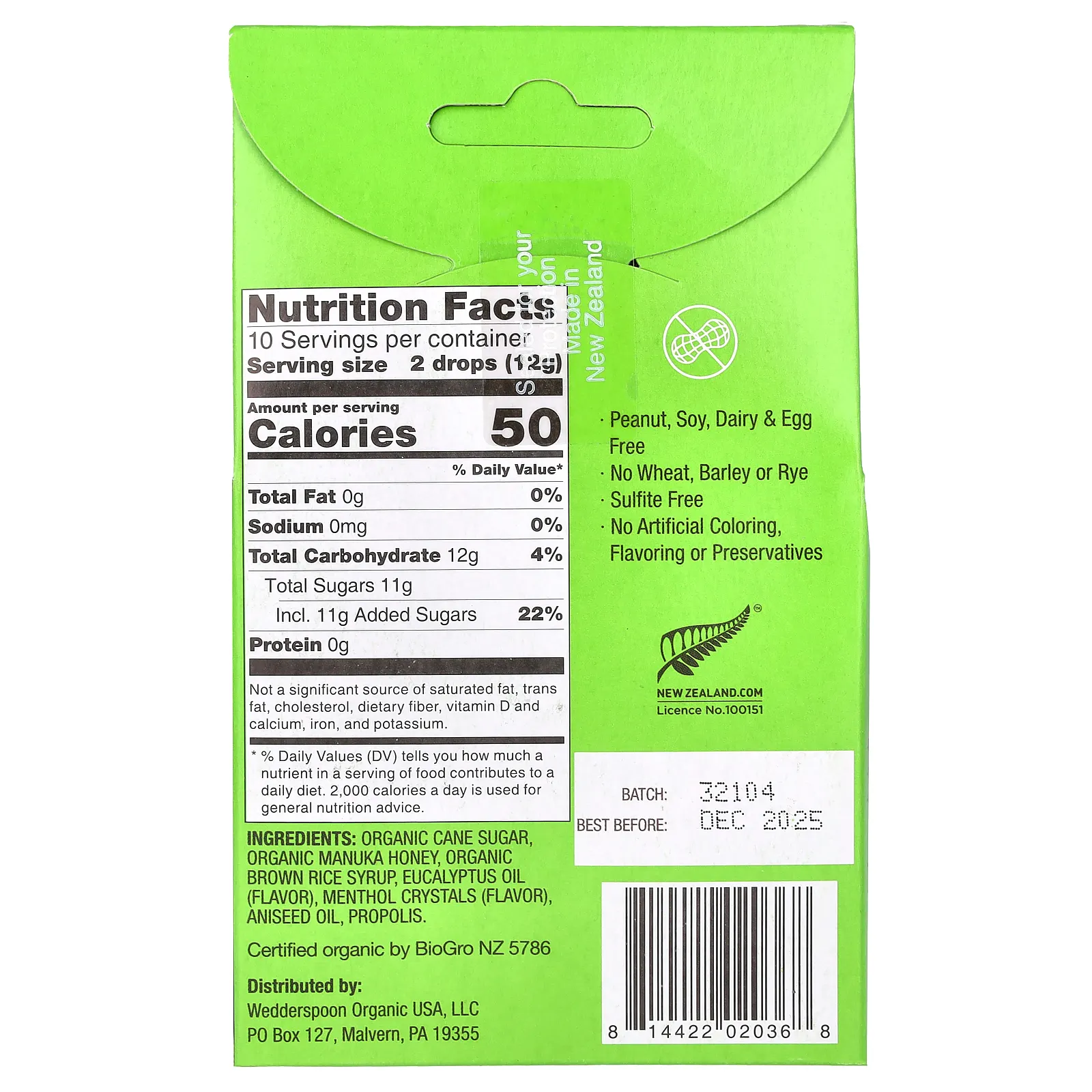 Wedderspoon, Органические капли из меда манука, эвкалипт и пчелиный прополис, 120 г (4 унции)