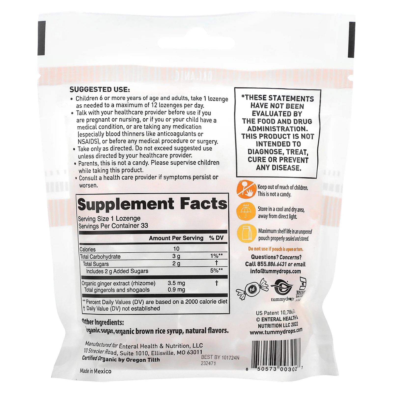 Tummydrops, органический натуральный имбирь, 33 пастилки