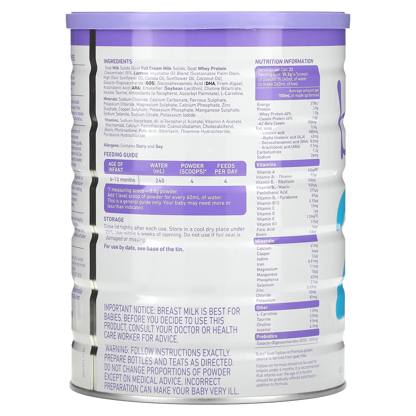 Aussie Bubs, Легкоусвояемая формула для последующего приема из козьего молока, для детей от 6 до 12 месяцев, 800 г