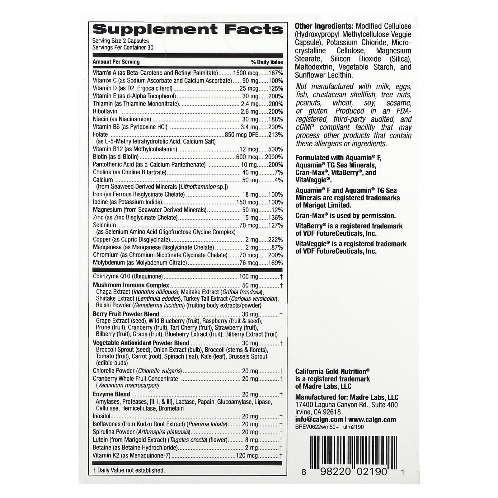 California Gold Nutrition, Ultamins, мультивитаминный комплекс для женщин старше 50 лет с коэнзимом Q10, грибами, ферментами, овощами и ягодами, 60 растительных капсул