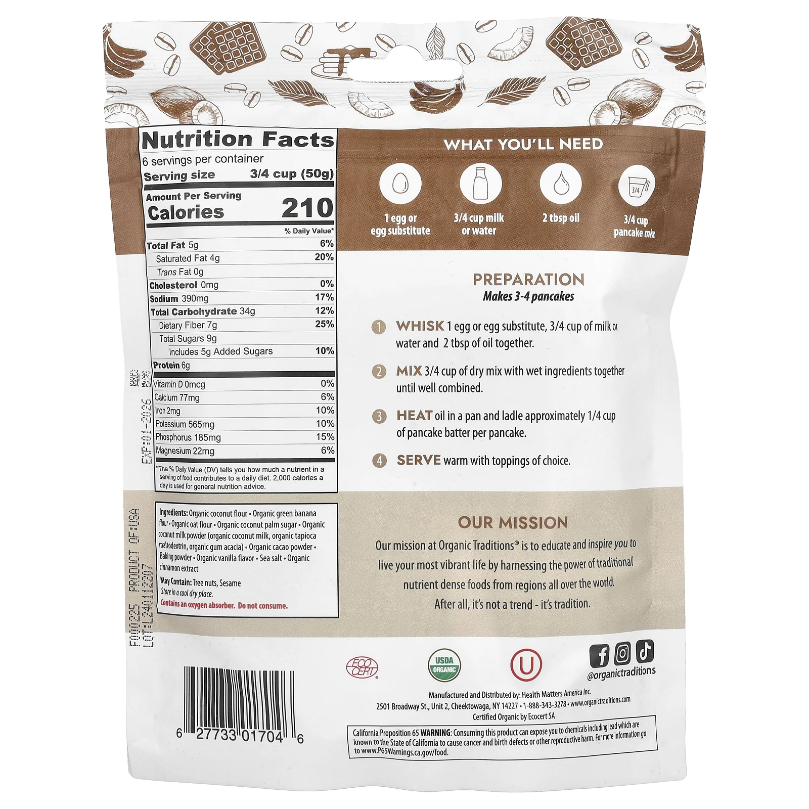 Organic Traditions, Смесь для блинов и вафель, шоколад, 300 г (10,6 унции)