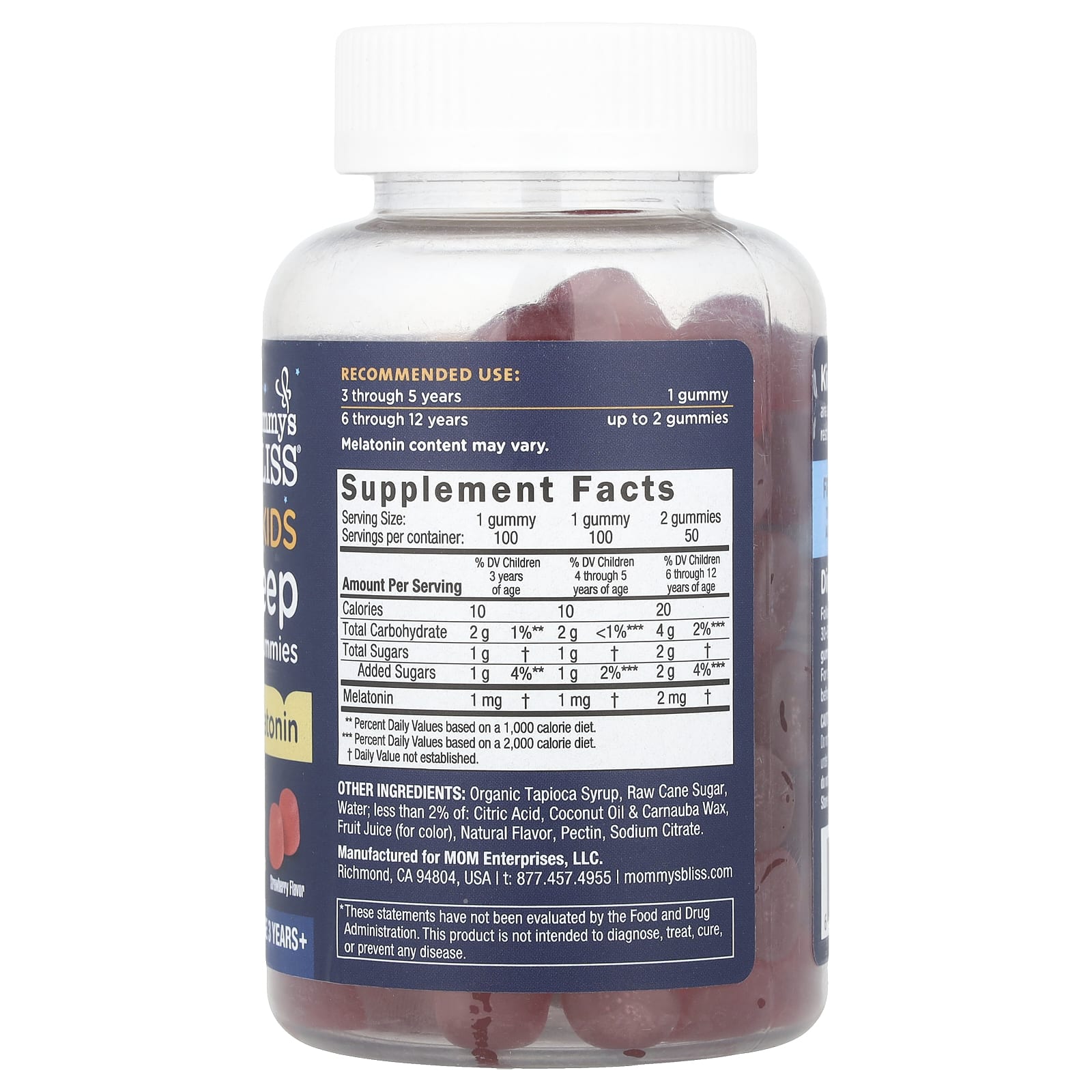 Mommy's Bliss, жевательные таблетки для сна с мелатонином, для детей от 3 лет, со вкусом клубники, 1 мг, 100 жевательных таблеток