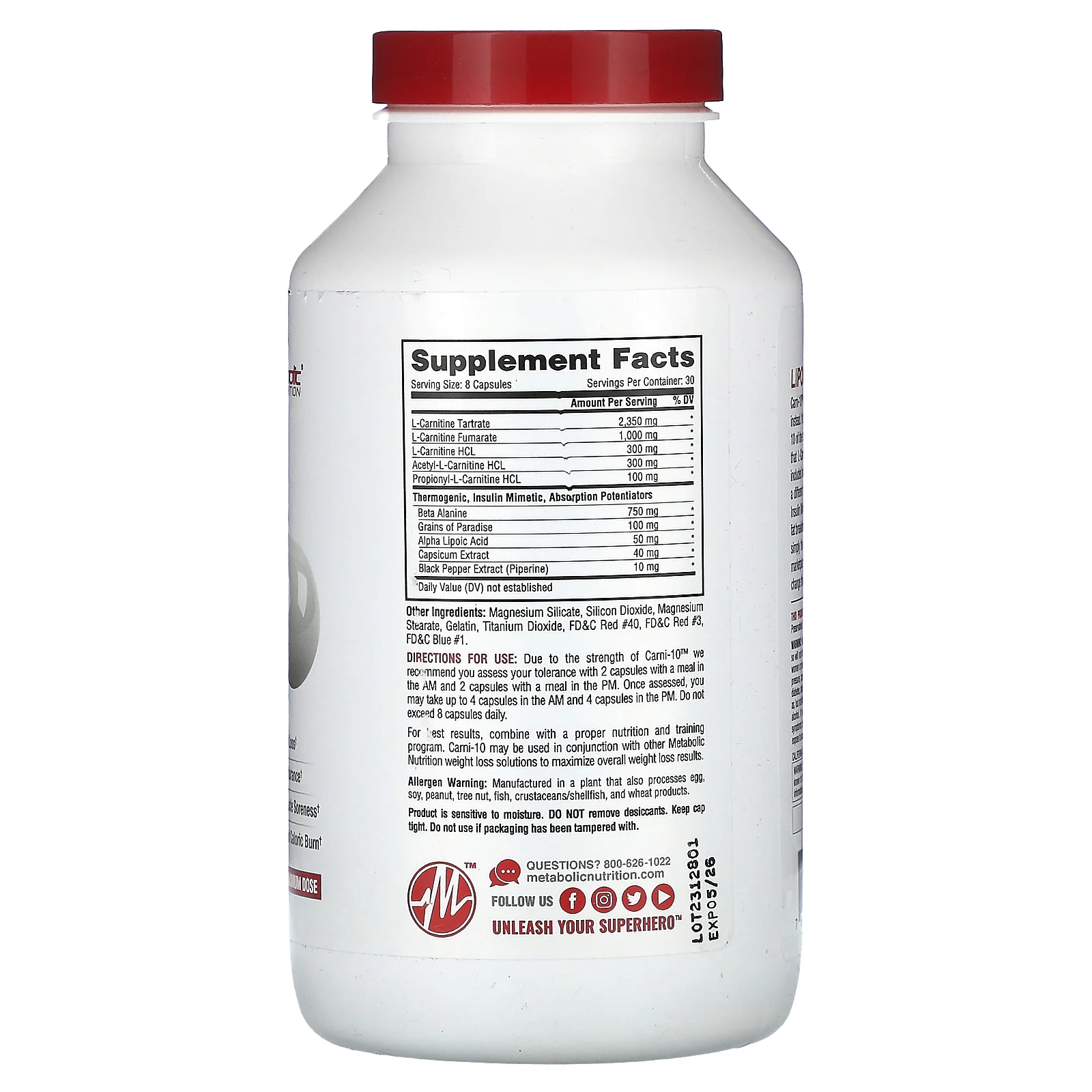 Metabolic Nutrition, Carni-10, 5000 мг, 240 капсул (625 мг в 1 капсуле)