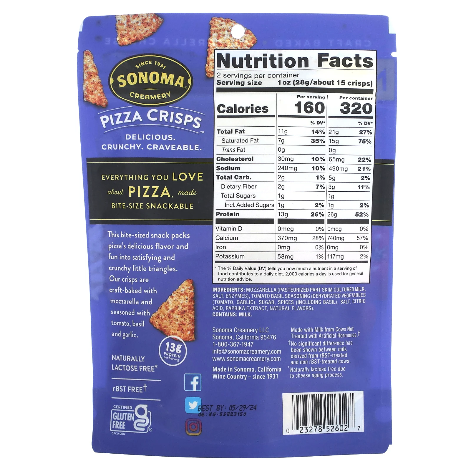 Sonoma Creamery, Pizza Crisps, томатный базилик, 57 г (2 унции)