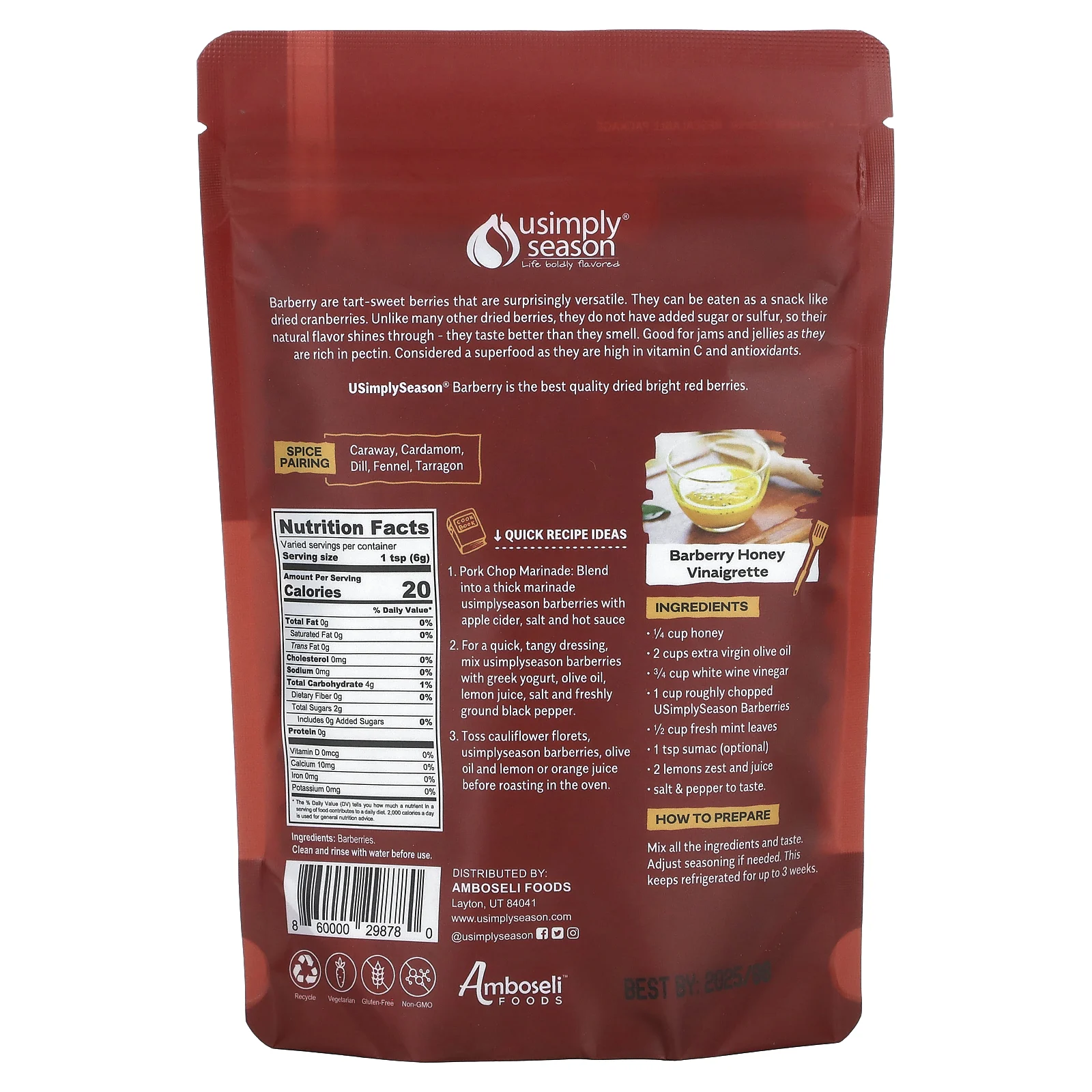 USimplySeason, ремесленные ягоды, барбарис (зарешк), цельные, 113 г (4 унции)