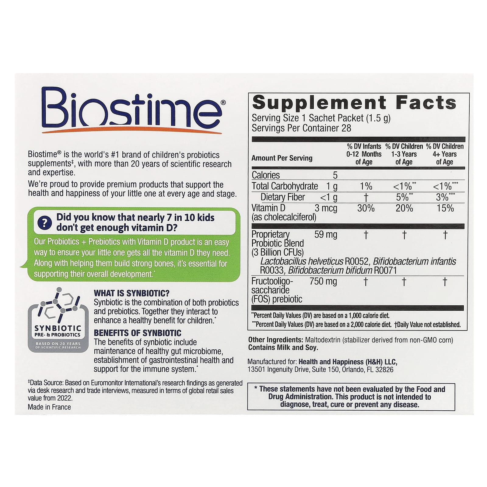 Biostime, Для малышей и детей, ежедневные пробиотики и пребиотики, для новорожденных до 6 лет, 28 пакетиков-саше без вкуса, по 1,5 г (0,05 унции)