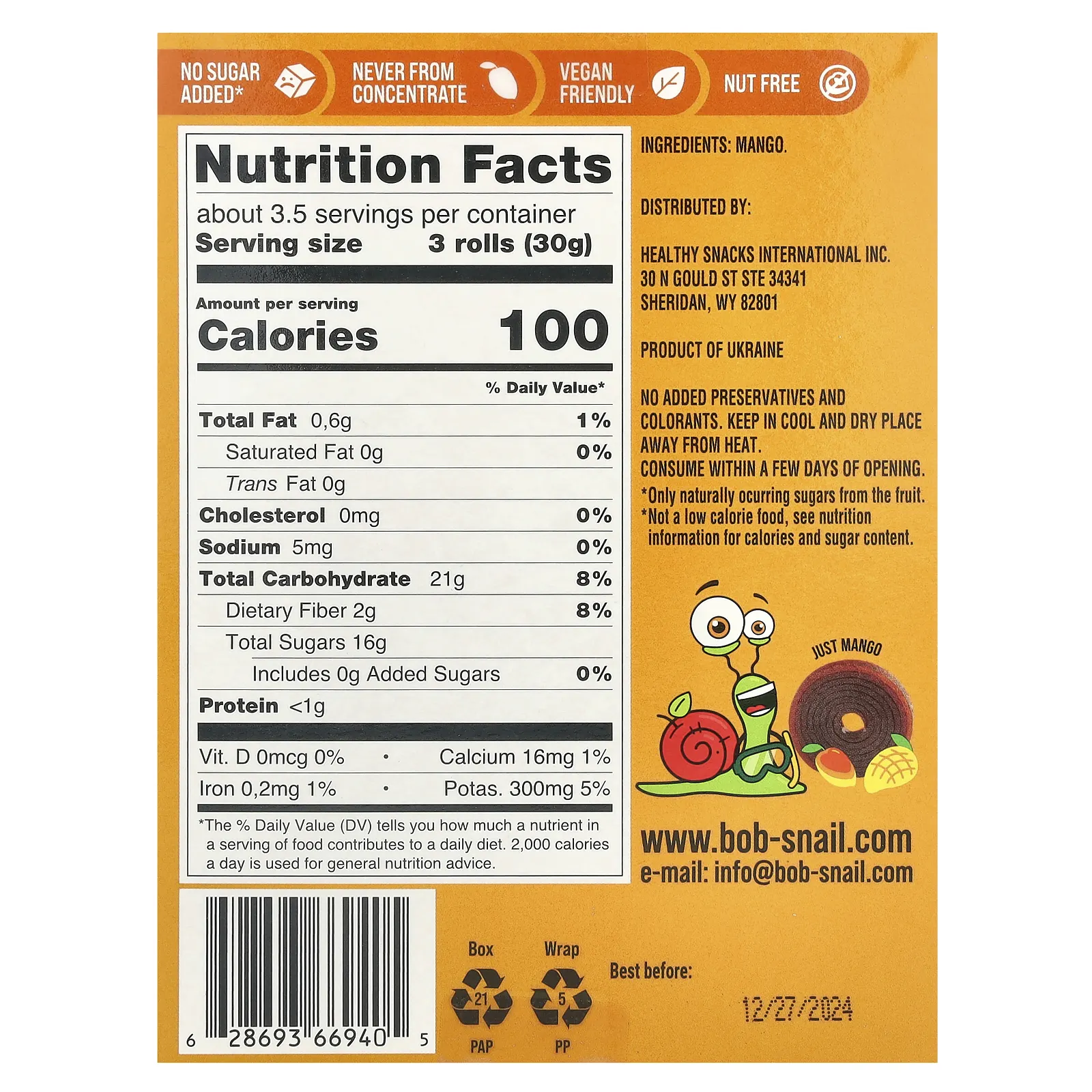 Bob Snail, Fruit Roll, манго, 10 пакетиков по 10 г (0,35 унции)