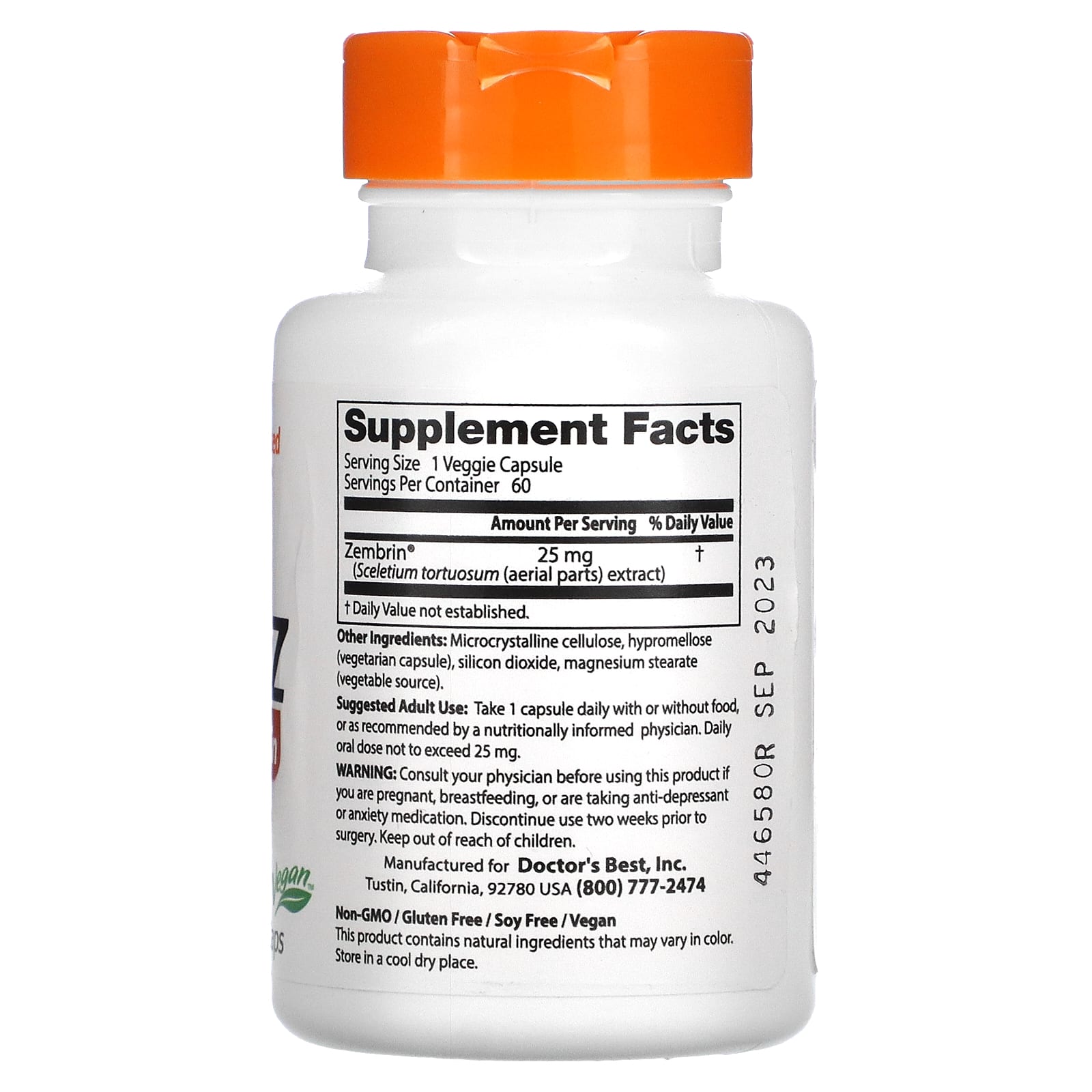 Doctor's Best, Calm-Z с зембрином, 25 мг, 60 растительных капсул