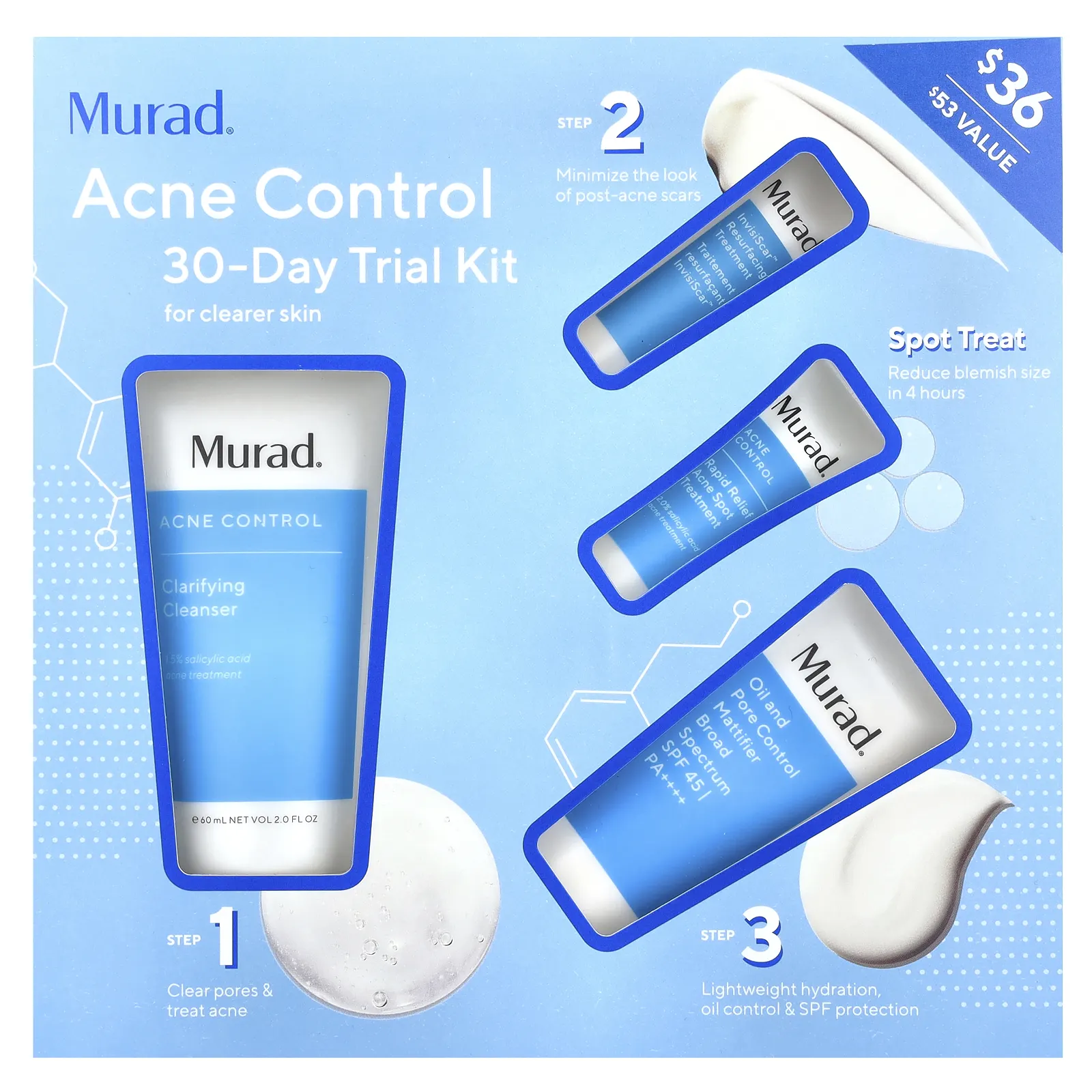 Murad, 30-дневный пробный набор для борьбы с акне, набор из 4 предметов