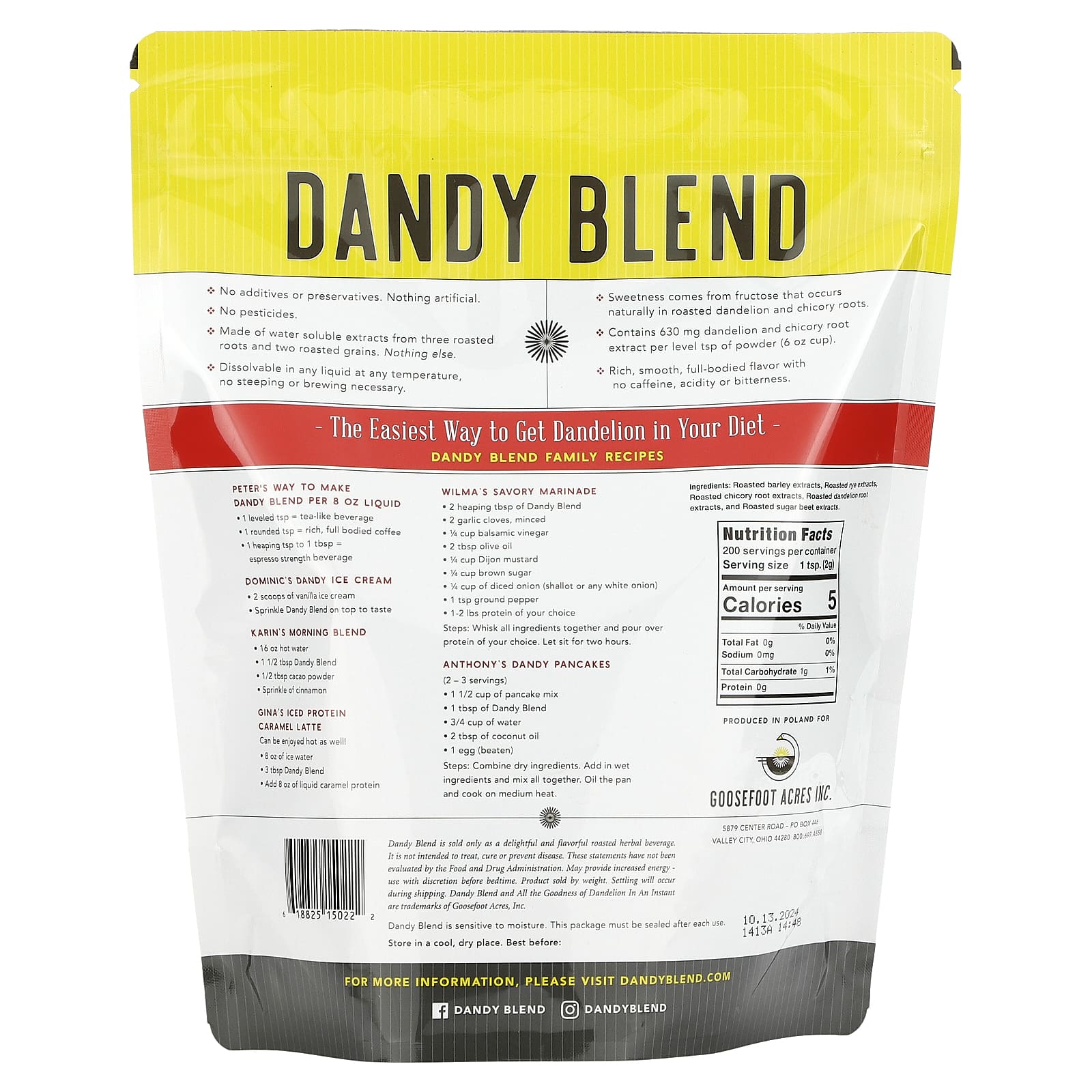Dandy Blend, Растворимый травяной напиток с одуванчиком, без кофеина, 400 г (14,1 унции)