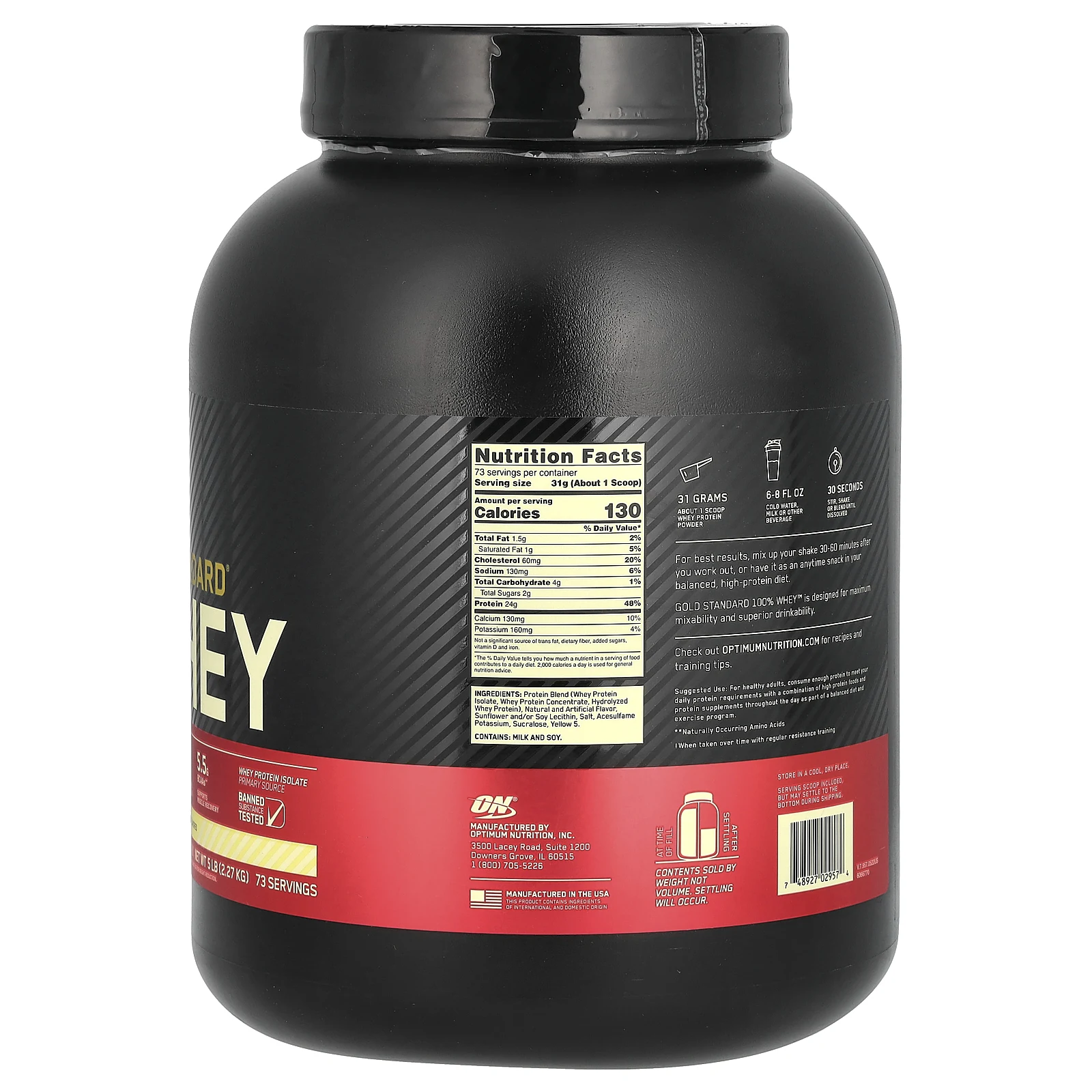 Optimum Nutrition, 100% Whey Gold Standard, со вкусом банана, 5 фунтов (2,27 кг)