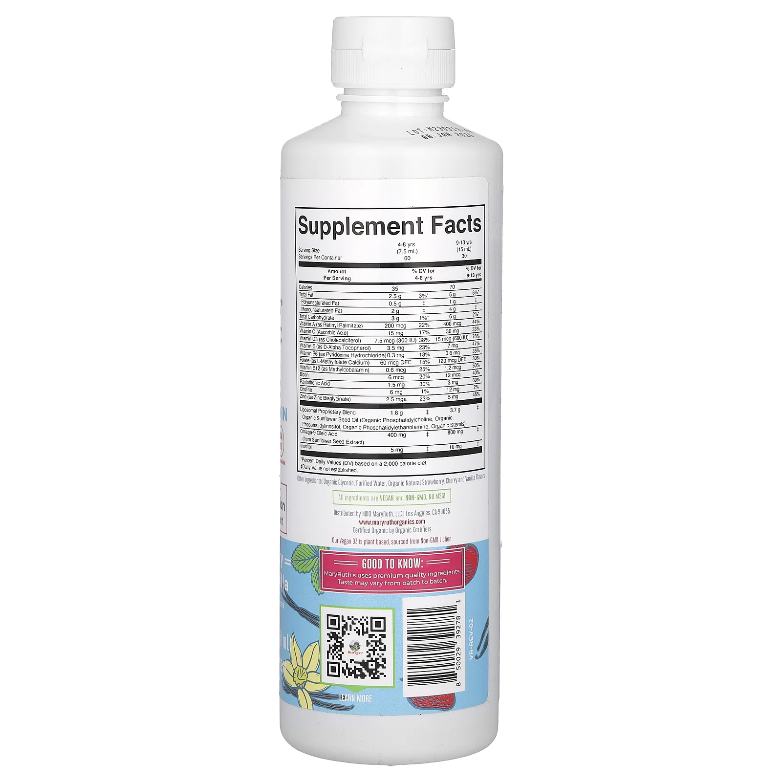 MaryRuth's, органические липосомальные мультивитамины, для детей от 4 до 13 лет, со вкусом клубники, вишни и ванили, 450 мл (15,22 жидк. унции)