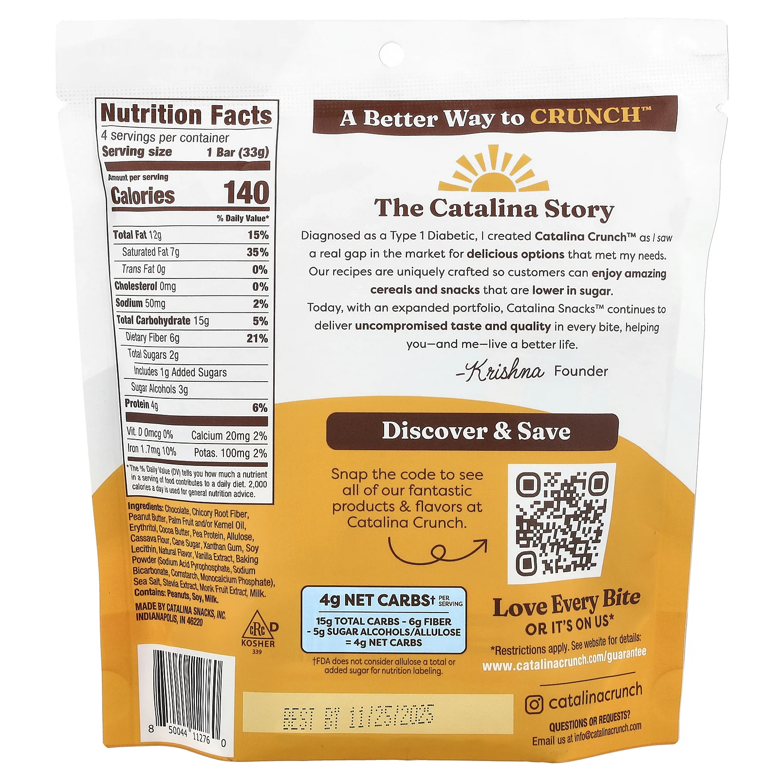 Catalina Crunch, Шоколадное печенье, арахисовая паста, 4 плитки, 33 г (1,16 унции)