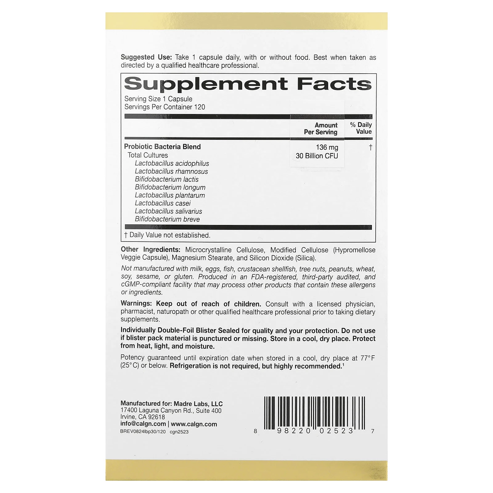 California Gold Nutrition, LactoBif® 30, пробиотики с 5 лактобактериями и 3 бифидобактериями, 30 млрд КОЕ, 120 растительных капсул