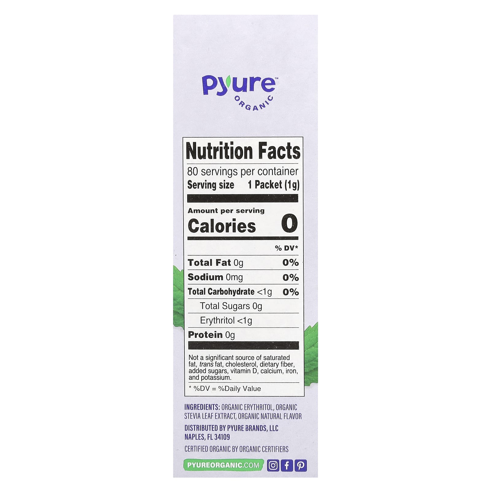 Pyure, органический подсластитель на основе гранул стевии, заменитель сахара, подходит для кетодиеты, 80 пакетиков по 1 г (0,035 унции)