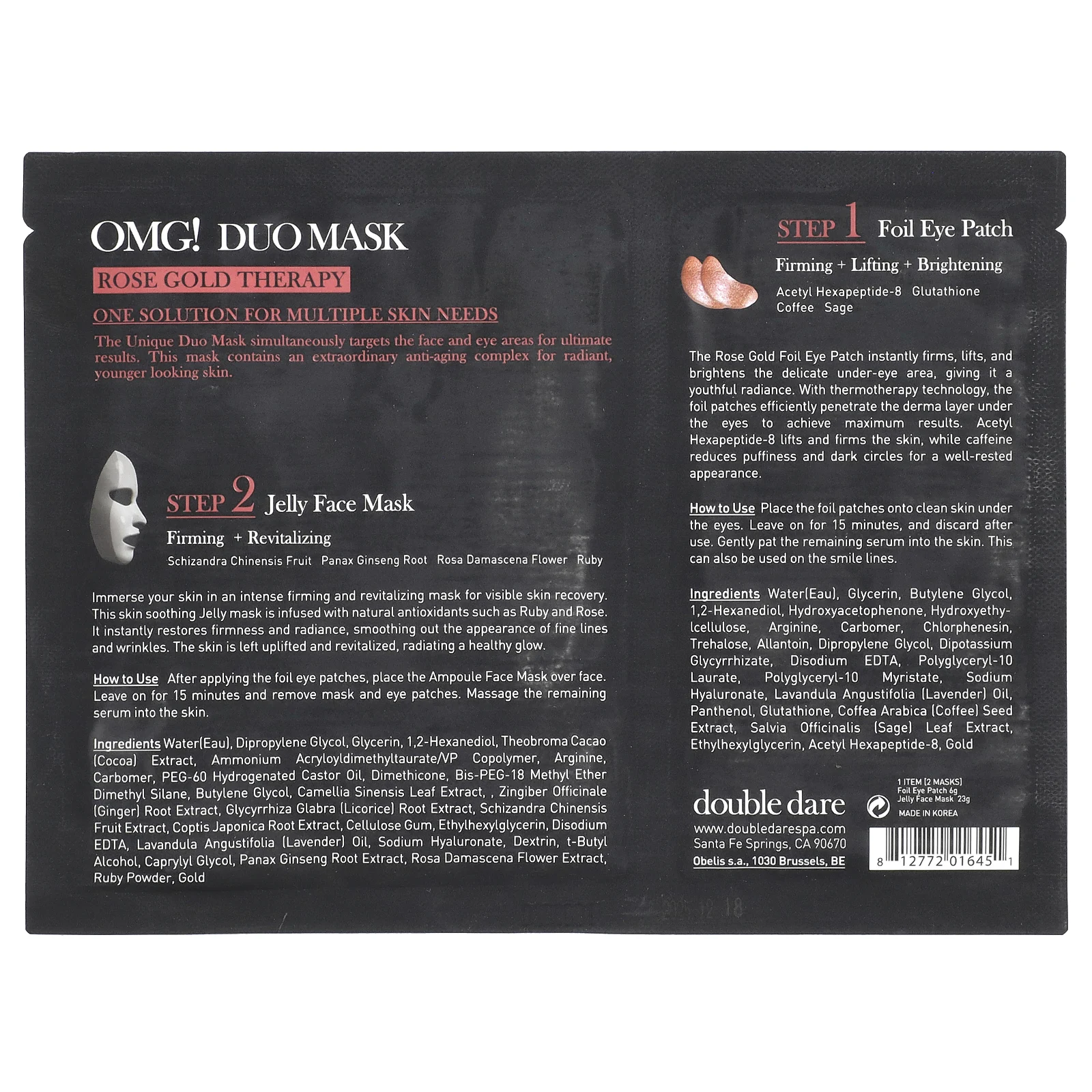 Double Dare, OMG! Duo Beauty Mask, Rose Gold Therapy, набор из 2 предметов