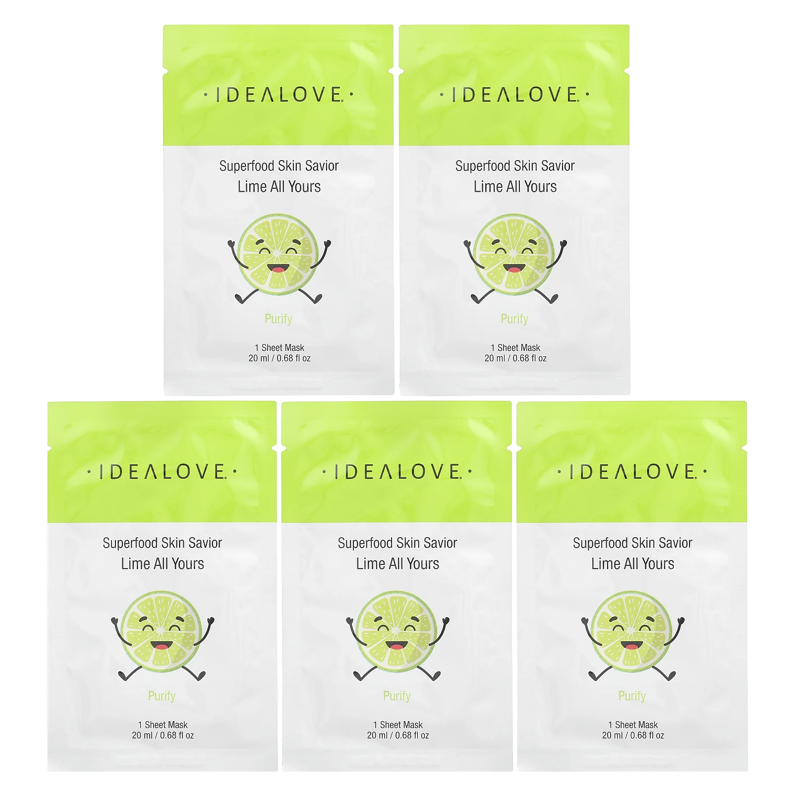 Idealove, Superfood Skin Savior, маска с суперфудами, лайм, 5 шт. по 20 мл (0,68 жидк. унции)