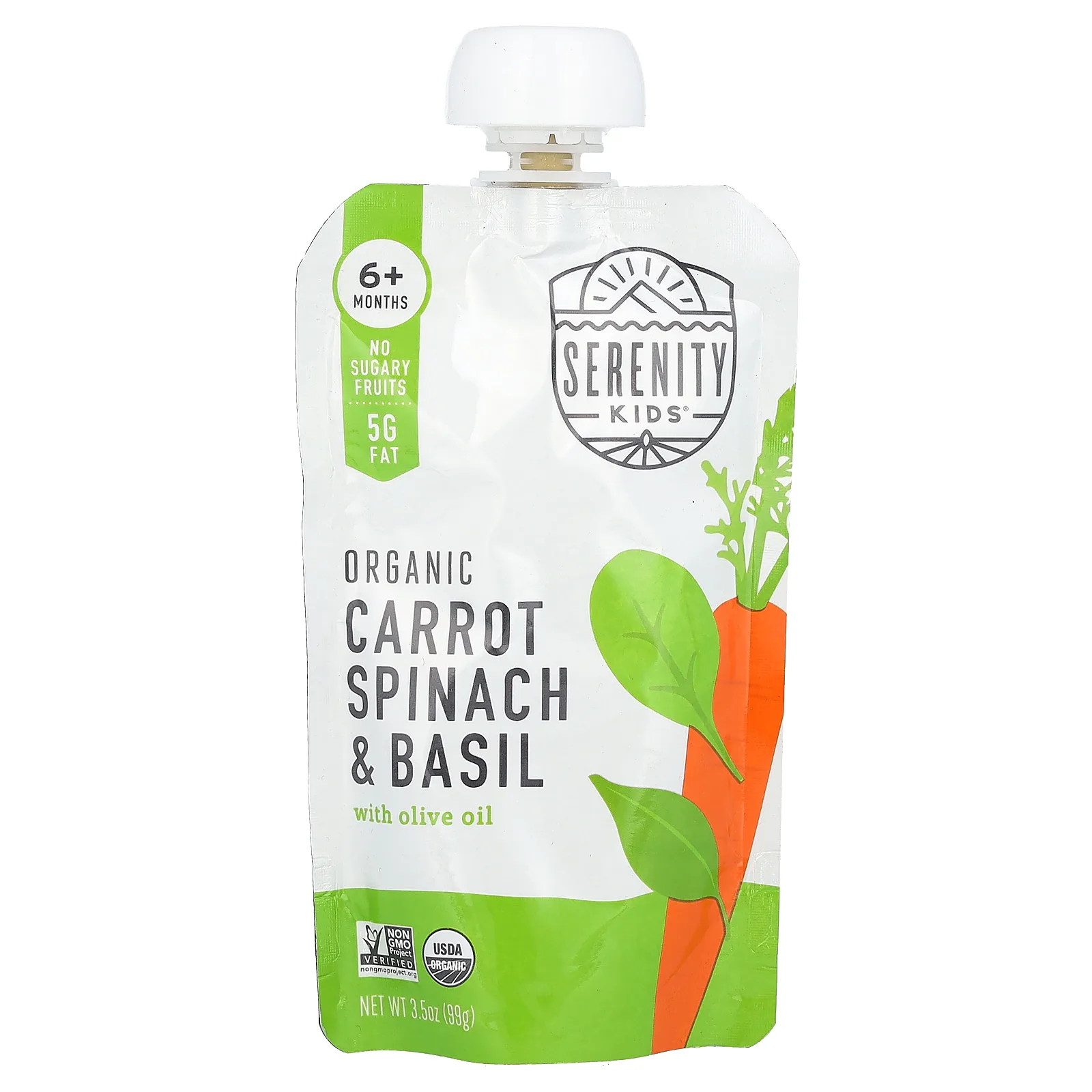 Serenity Kids, Органическая морковь, шпинат и базилик, от 6 месяцев, 99 г (3,5 унции)