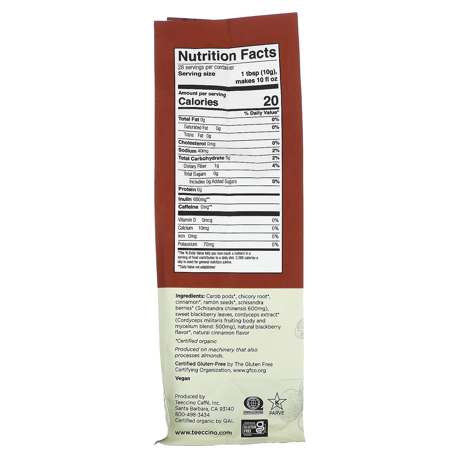 Teeccino, Травяной кофе с грибами, кордицепс и лимонник, ягоды корицы, средней обжарки, без кофеина, 284 г (10 унций)