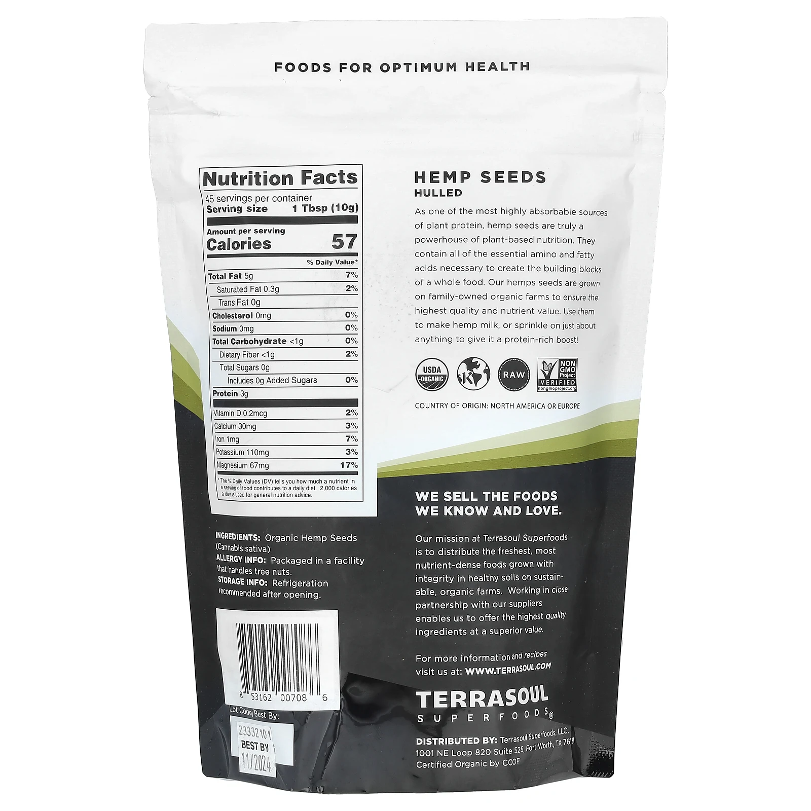 Terrasoul Superfoods, семена конопли, очищенные, 454 г (16 унций)