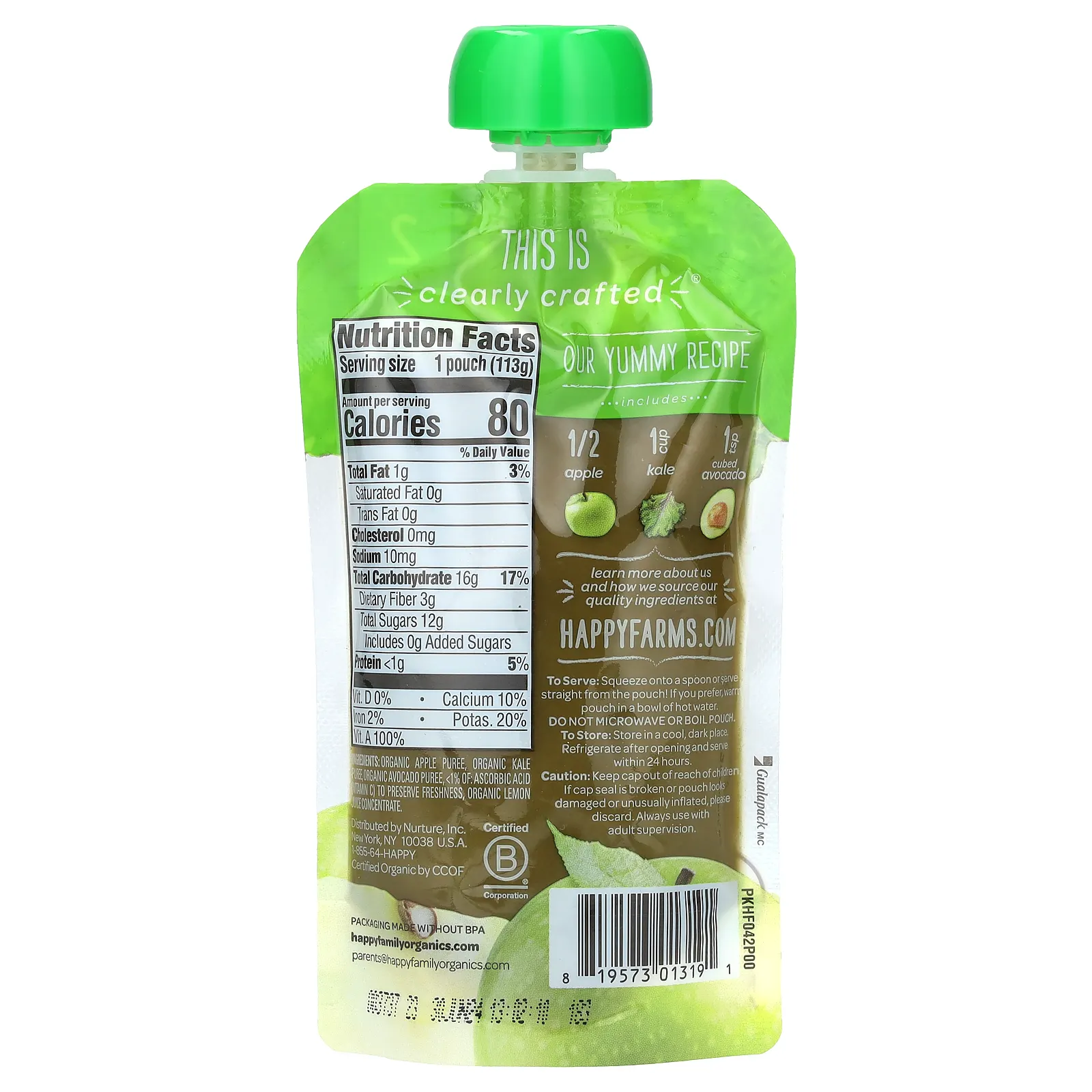 Happy Family Organics, органическое детское питание, этап 2, для детей старше 6 месяцев, яблоко, листовая капуста и авокадо, 113 г (4 унции)