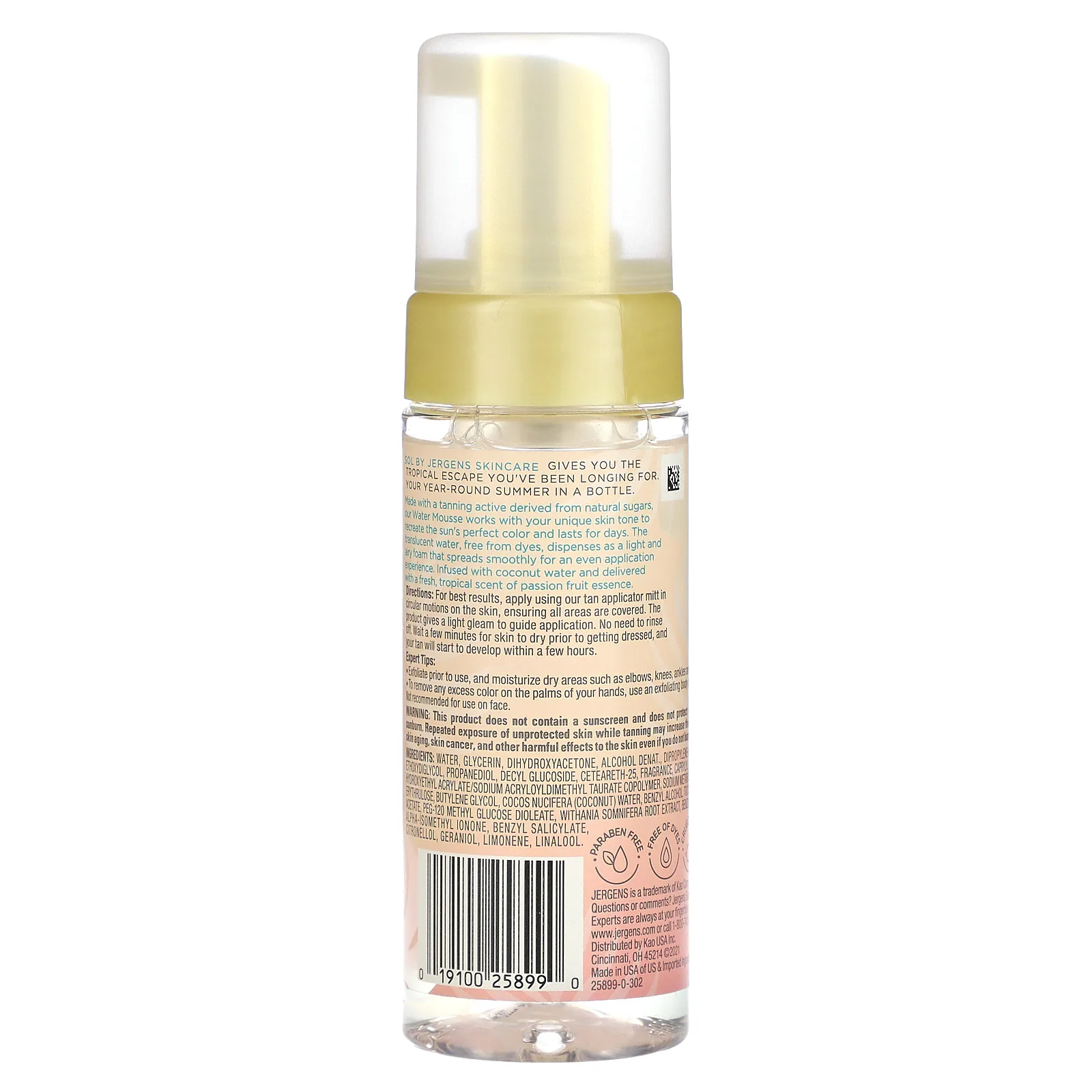 Jergens, Sol, водный мусс для загара без загара, средний, 147 мл (5 жидк. Унций)