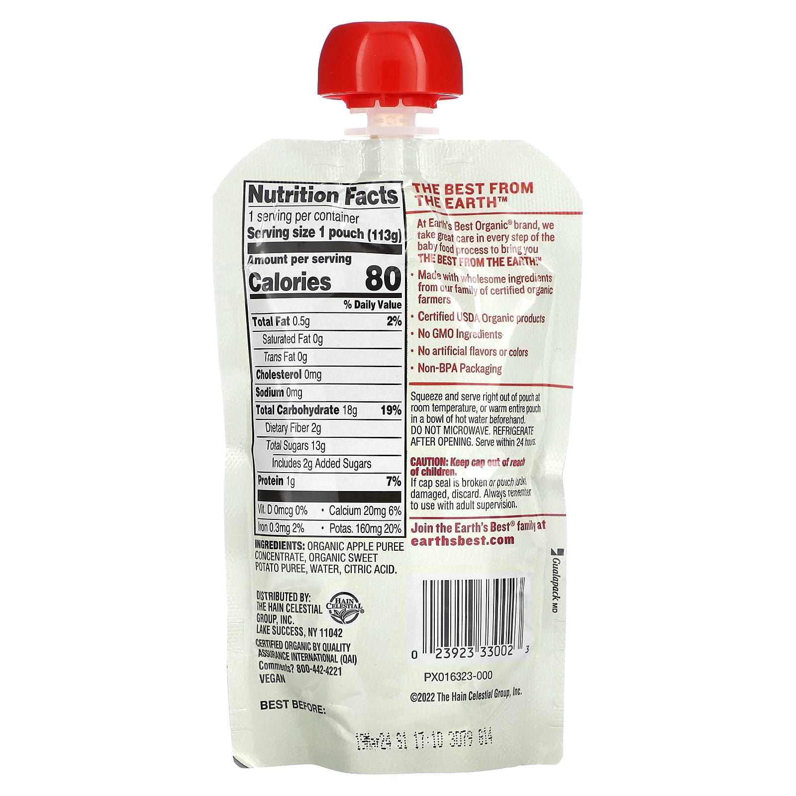 Earth's Best, органическое пюре для детского питания, для детей от 6 месяцев, батат и яблоко, 113 г (4 унции)