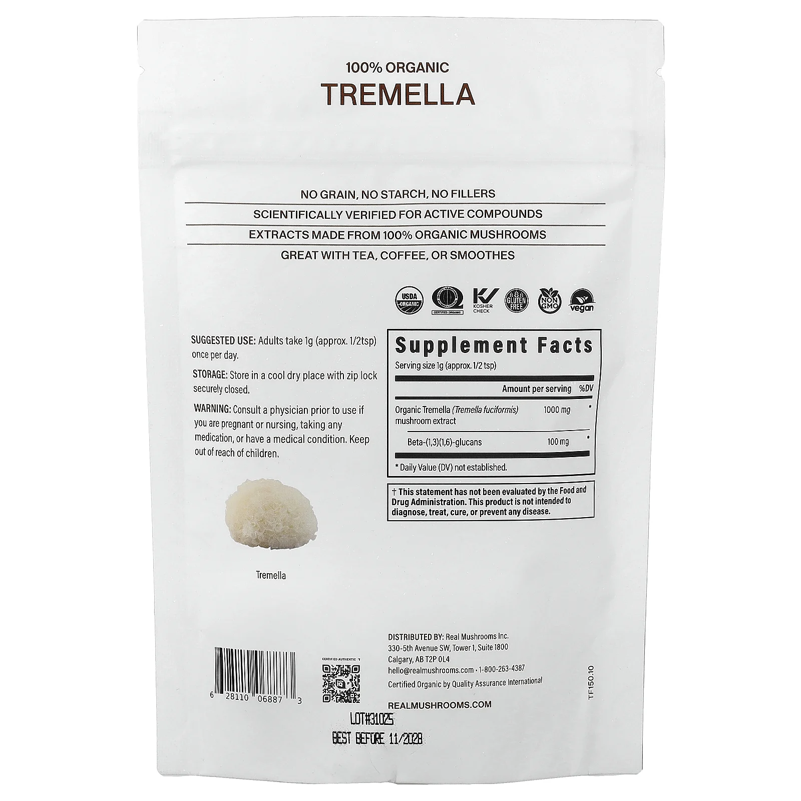 Real Mushrooms, тремелла, экстракт грибов в порошке, 150 г (5,29 унции)