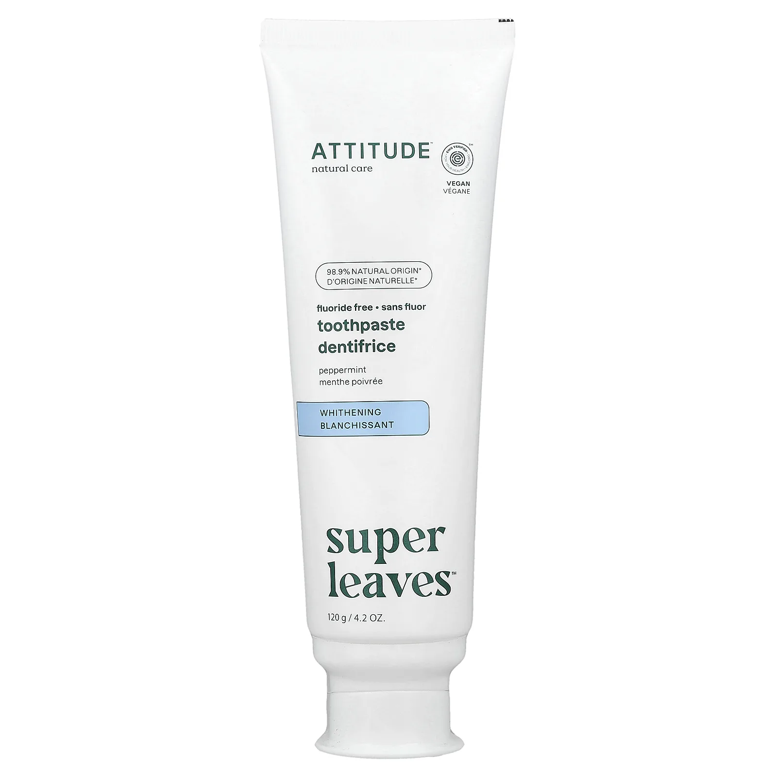 ATTITUDE, Super Leaves™, отбеливающая зубная паста без фтора, перечная мята, 120 г (4,2 унции)