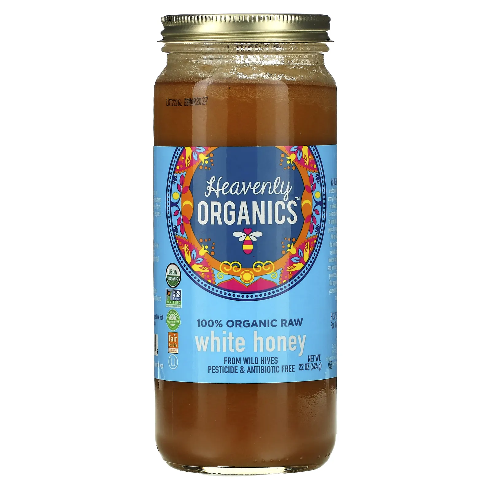 Heavenly Organics, 100% органический необработанный белый мед, 624 г (22 унции)