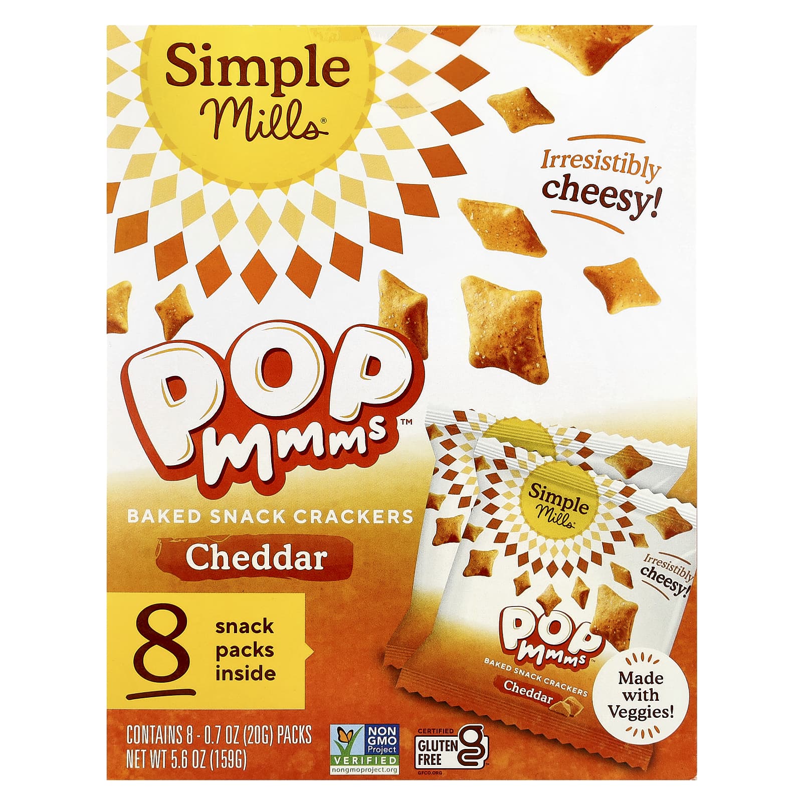 Simple Mills, PopMmms ™, запеченные крекеры с чеддером, 8 пакетиков по 20 г (0,7 унции)