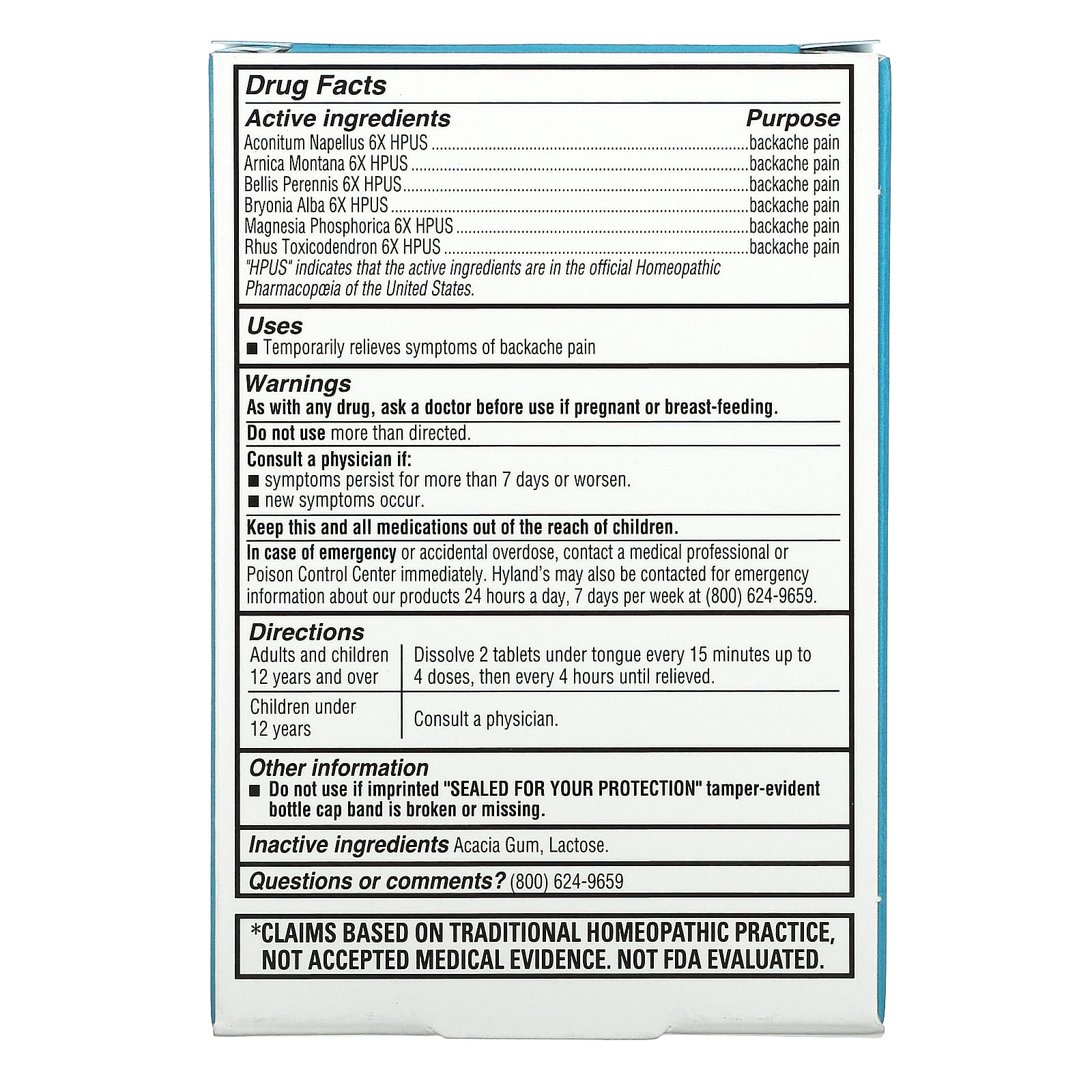 Hyland's Naturals, Средство от боли в спине, 100 быстрорастворимых таблеток