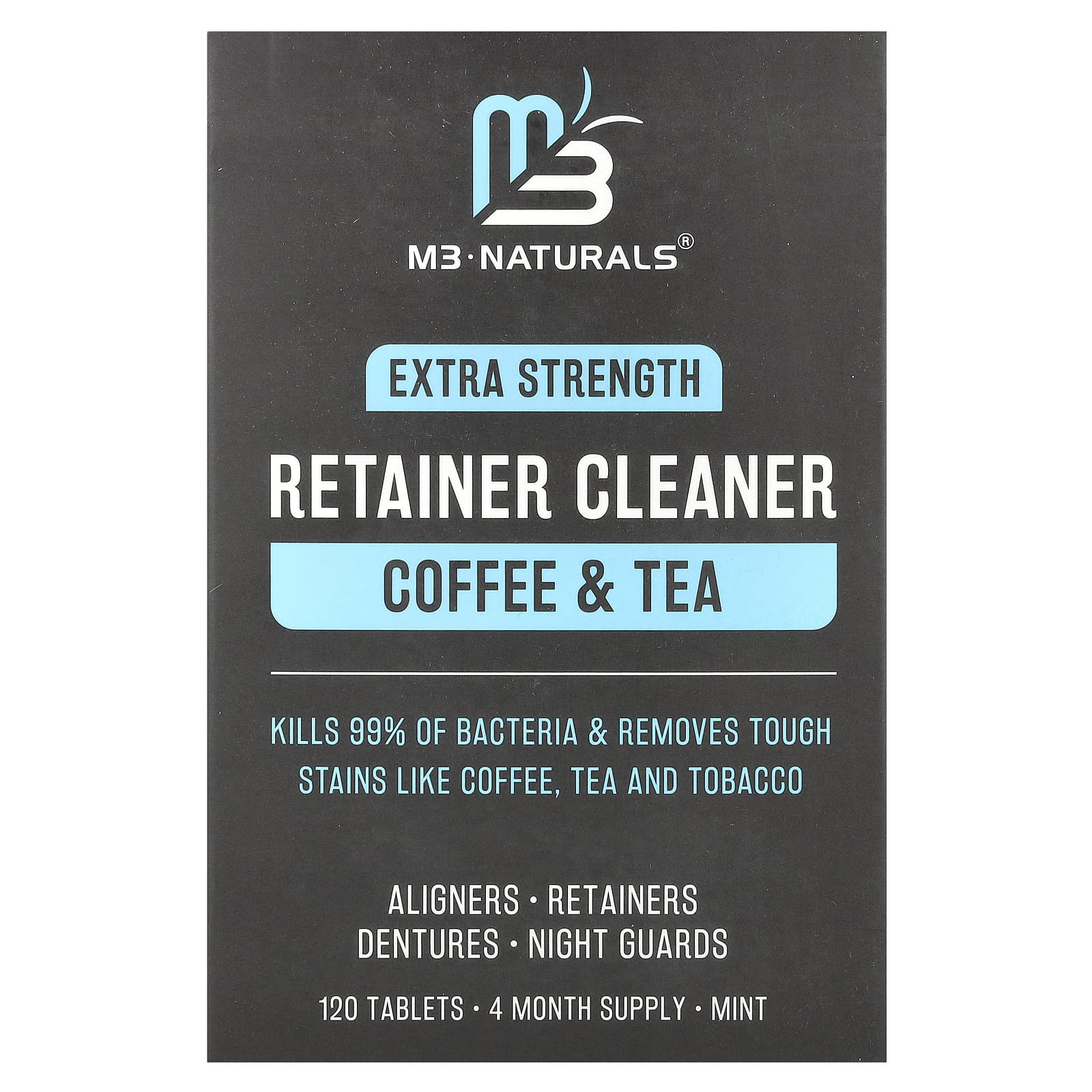 M3 Naturals, Очиститель для фиксации Extra Strength, кофе и чай, мята, 120 таблеток