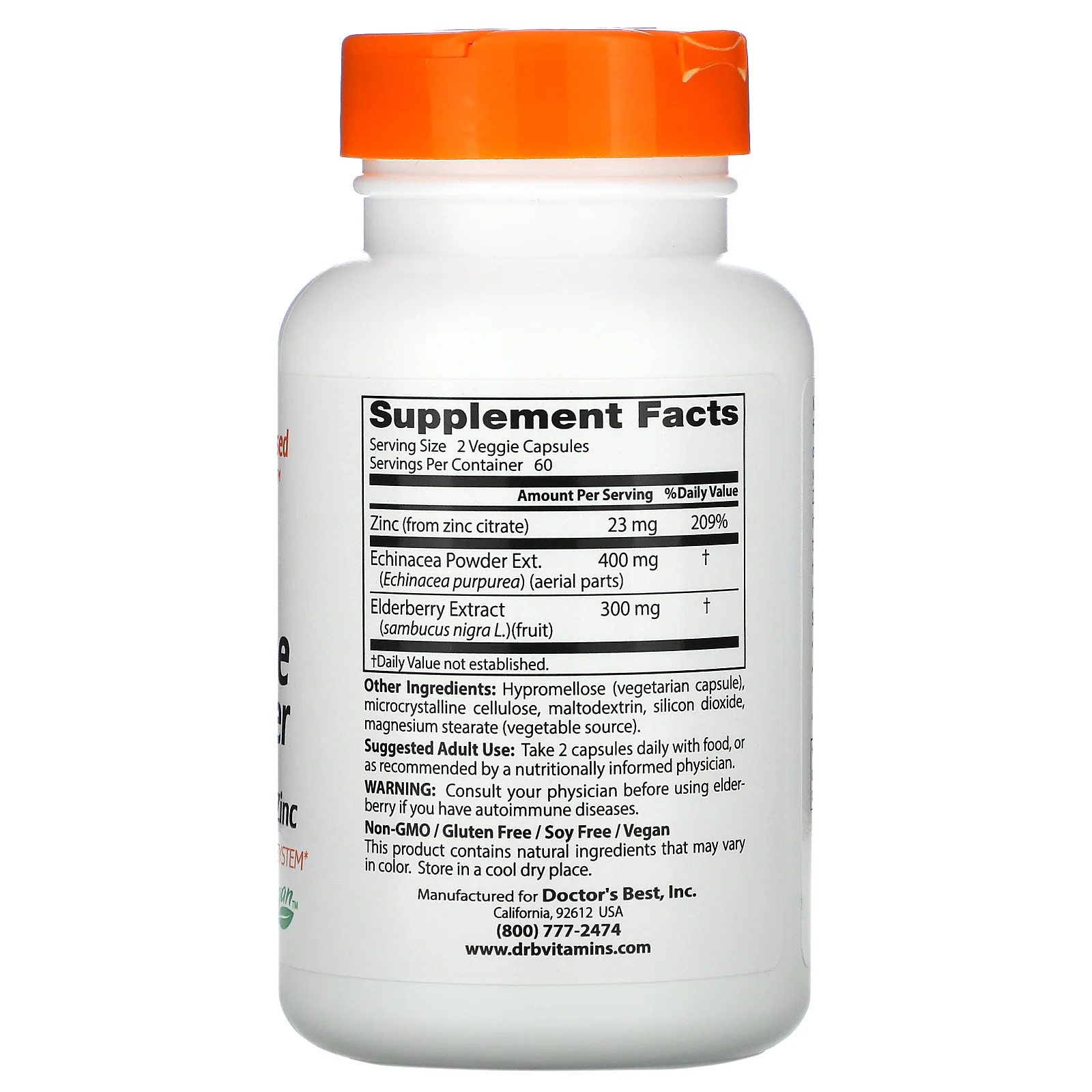 Doctor's Best, добавка для укрепления иммунитета с эхинацеей, бузиной и цинком, 120 вегетарианских капсул