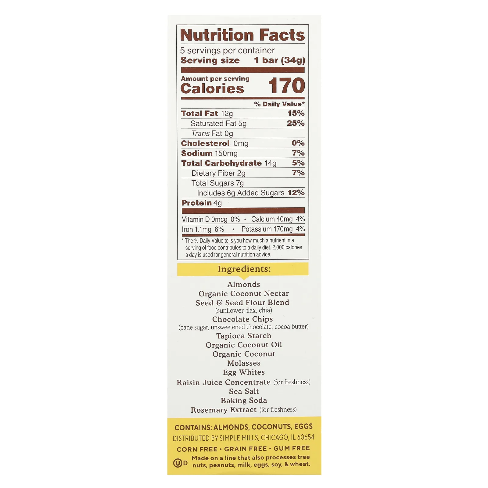 Simple Mills, Батончики из мягкой запеченной миндальной муки, темный шоколад и миндаль, 5 батончиков по 34 г (1,19 унции)