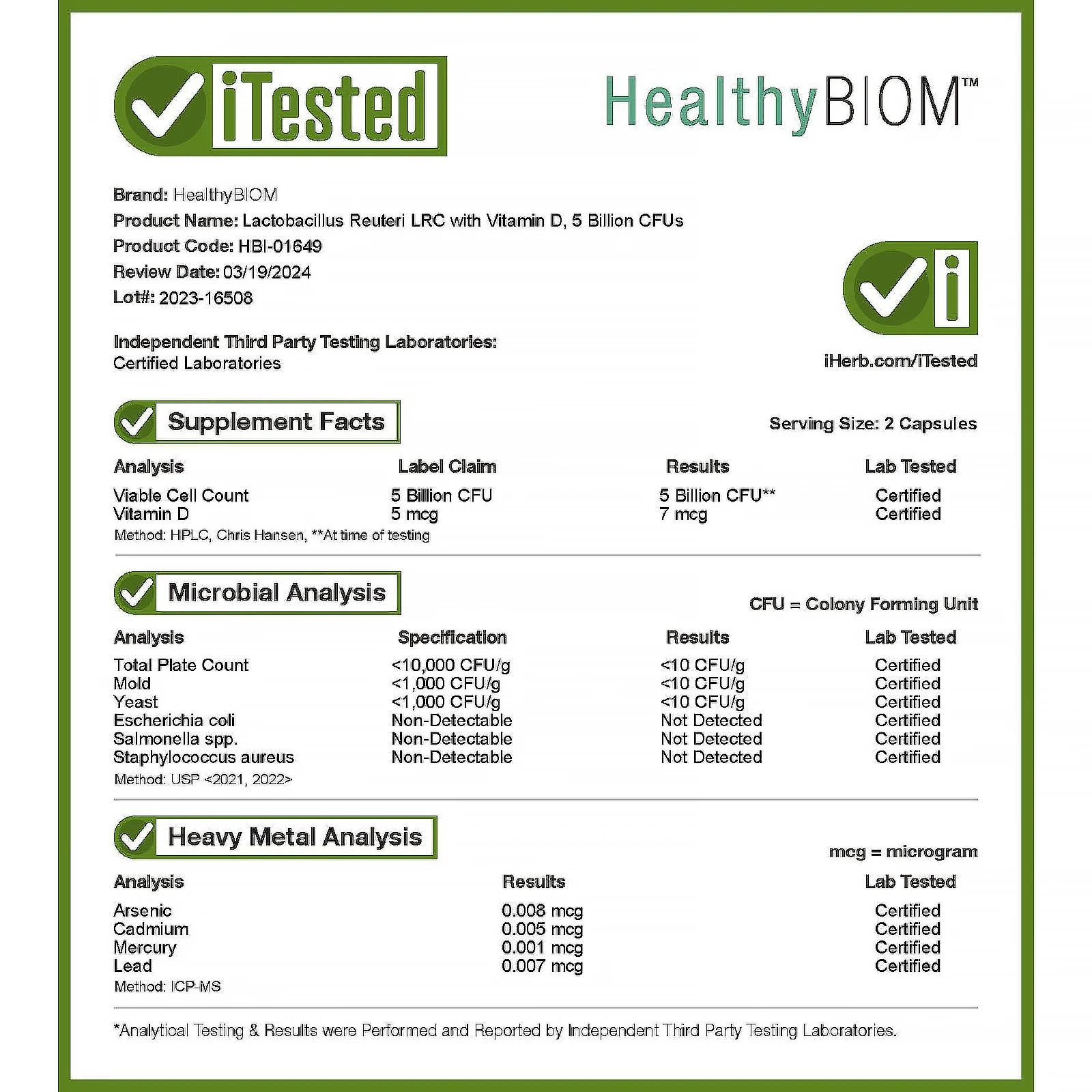 HealthyBiom, Lactobacillus Reuteri LRC с витамином D, 5 млрд КОЕ, 60 растительных капсул