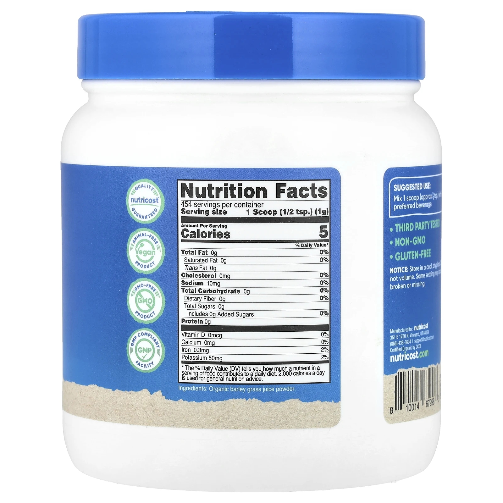 Nutricost, Органический порошок сока ячменя, без добавок, 454 г (16,2 унции)