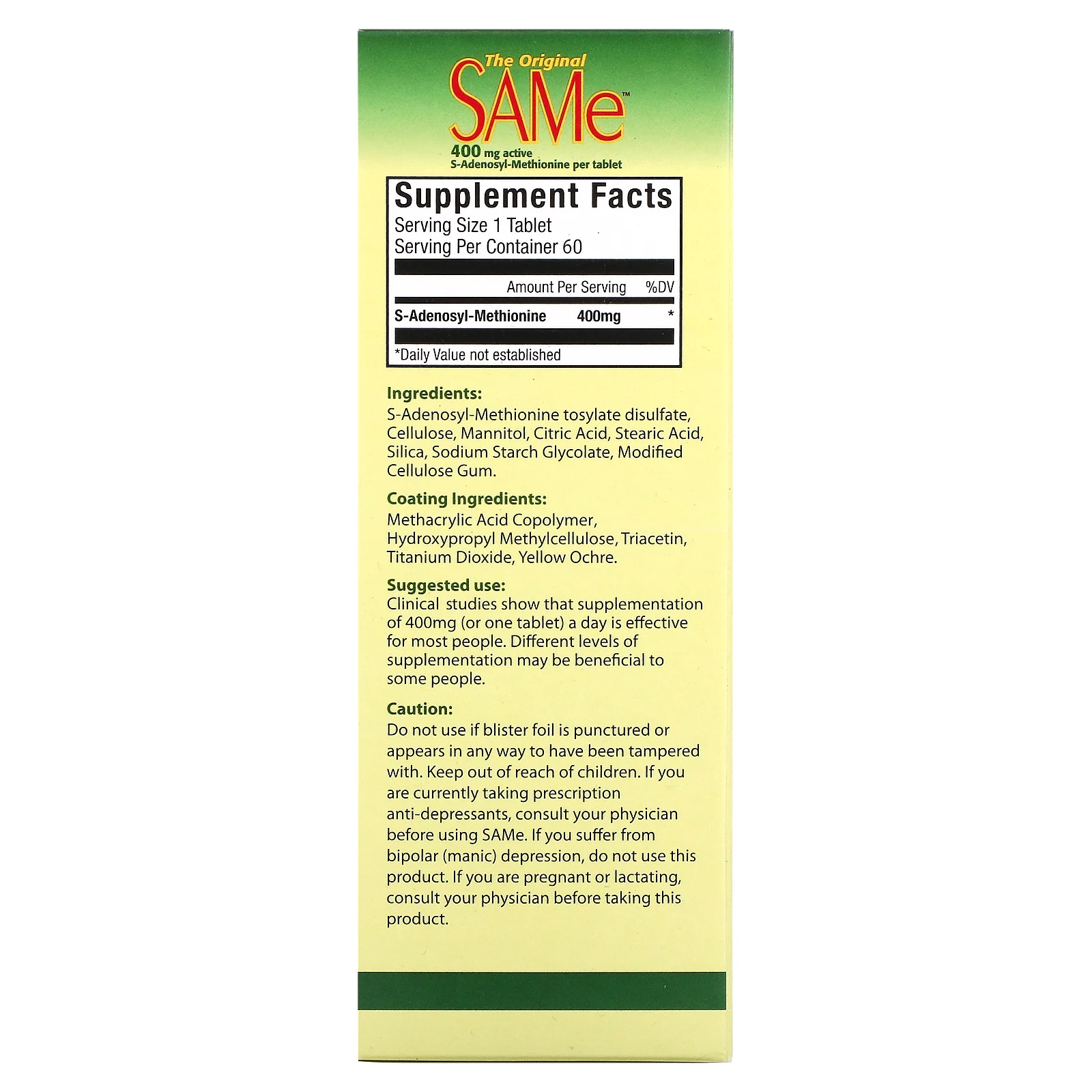 NutraLife, SAMe (дисульфат тозилат), 400 мг, 60 капсул, покрытых кишечнорастворимой оболочкой