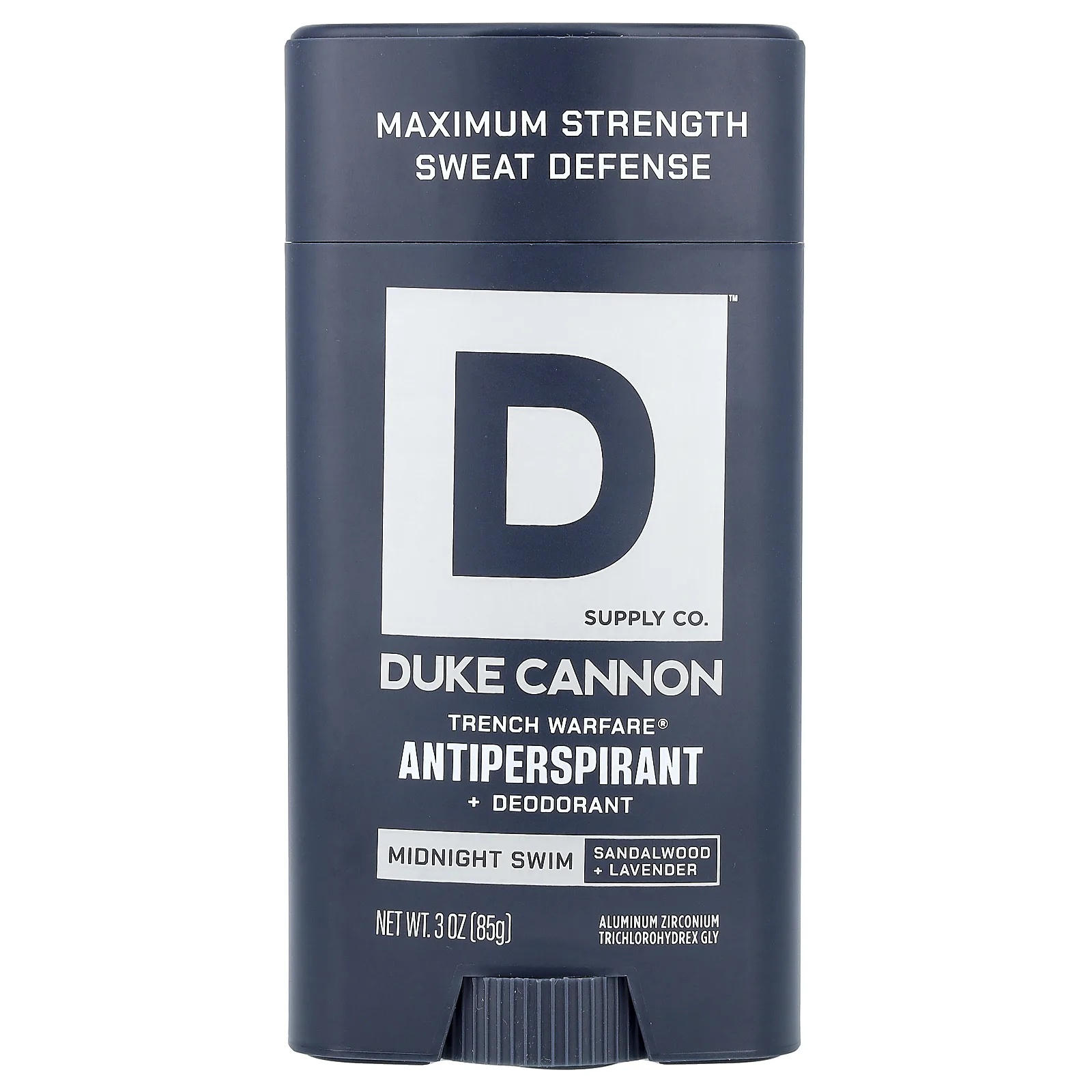 Duke Cannon Supply Co., Trench Warfare® антиперспирант и дезодорант, Midnight Swim, сандаловое дерево и лаванда, 85 г (3 унции)