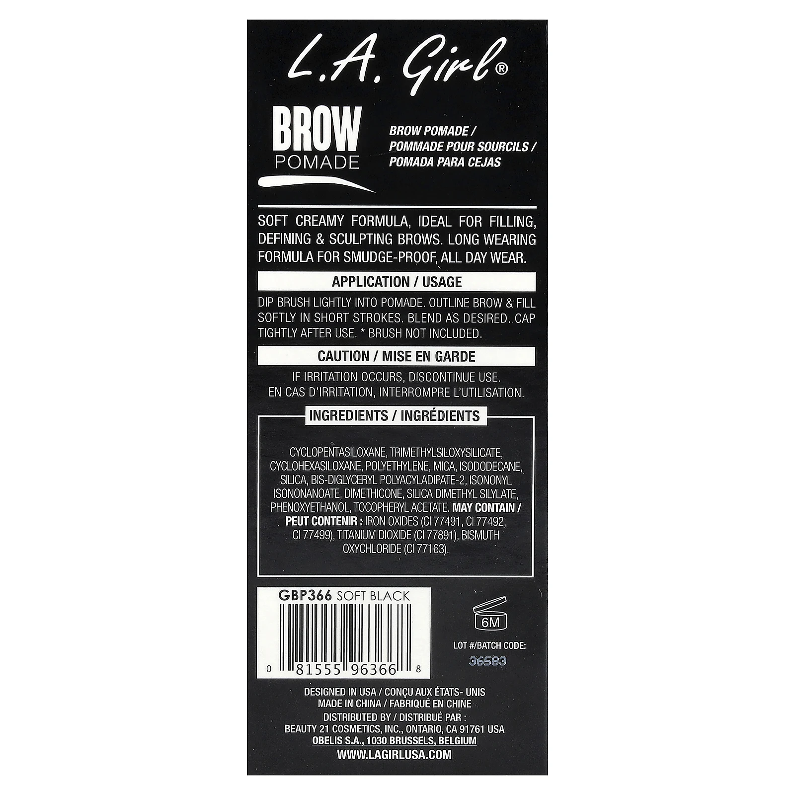 L.A. Girl, помада для бровей, GBP366, мягкий черный, 3 г (0,11 унции)