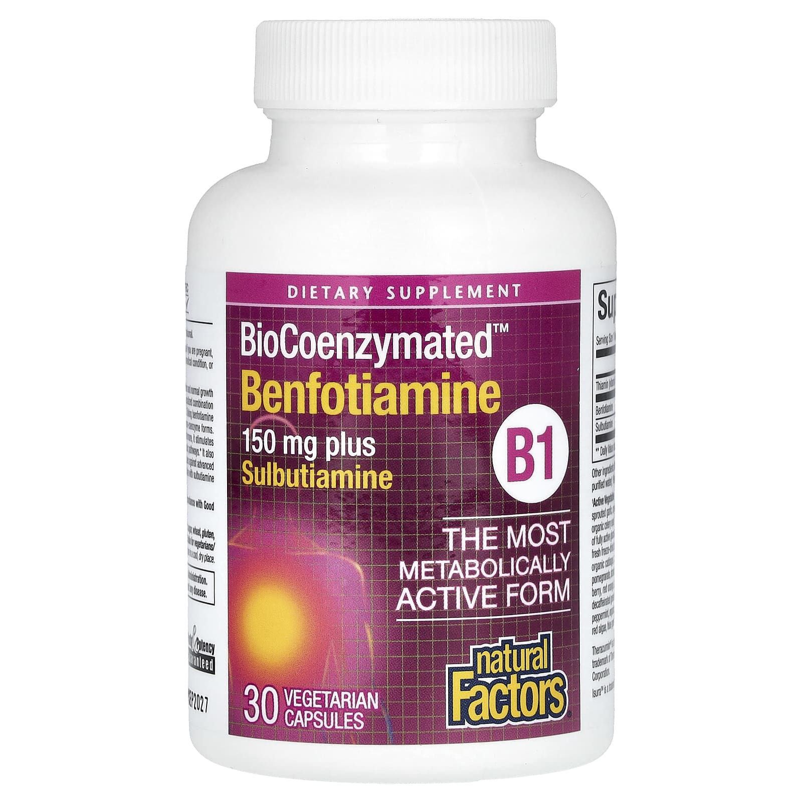 Natural Factors, BioCoenzymated, B1, бенфотиамин плюс сульбутиамин, 150 мг, 30 вегетарианских капсул