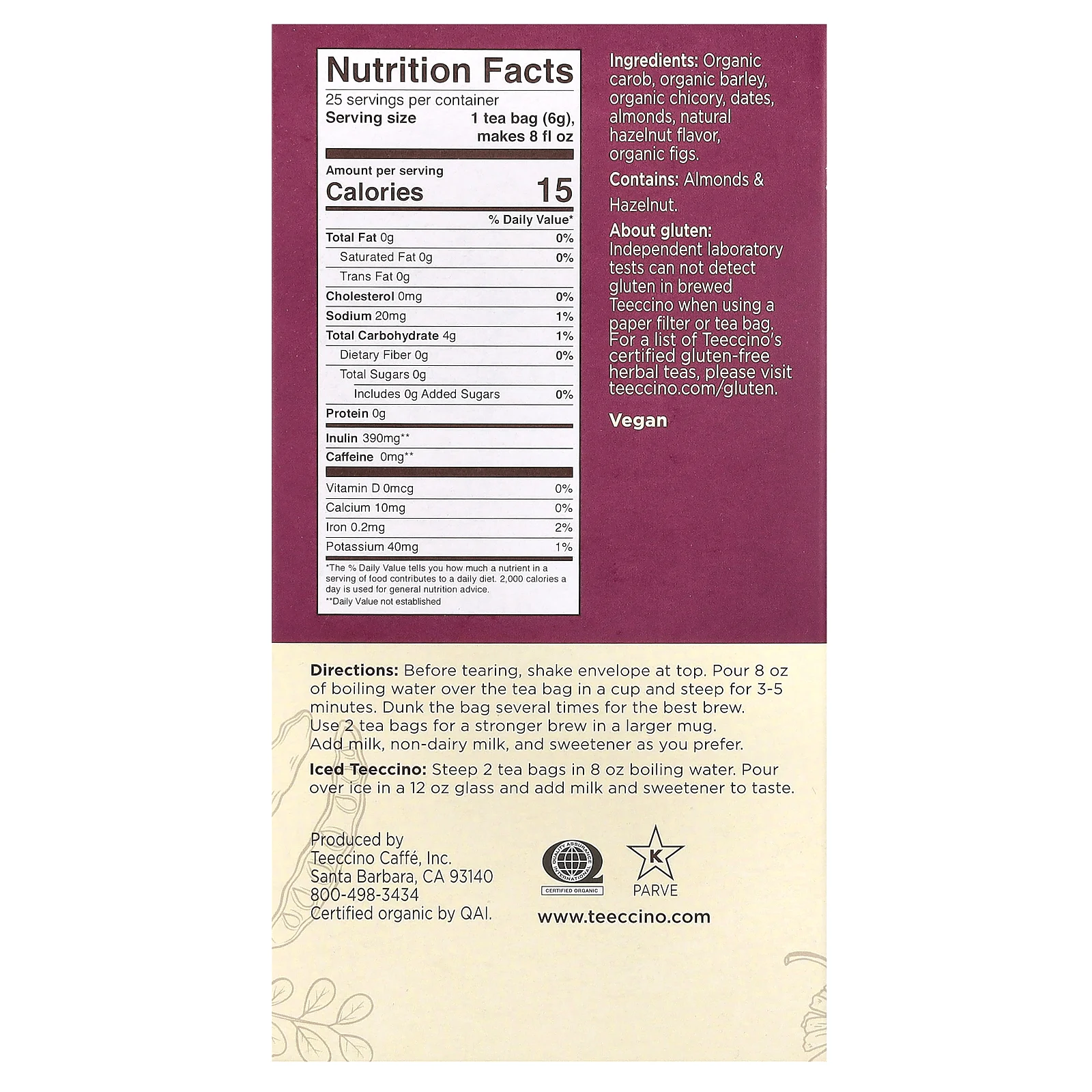 Teeccino, чай из обжаренных трав, вкус лесного ореха, без кофеина, 25 чайных пакетиков, 150 г (5,3 унции)