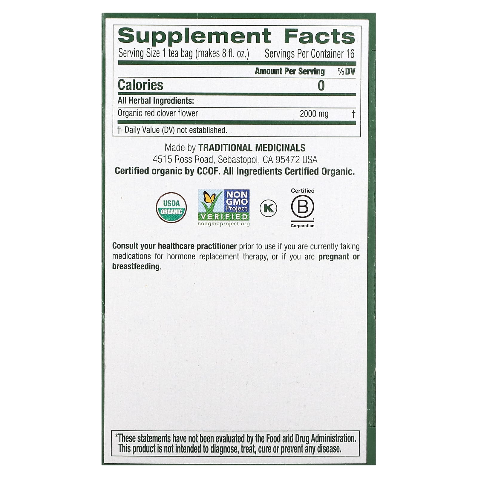 Traditional Medicinals, Органический красный клевер, без кофеина, 16 чайных пакетиков в упаковке, 32 г (1,13 унции)